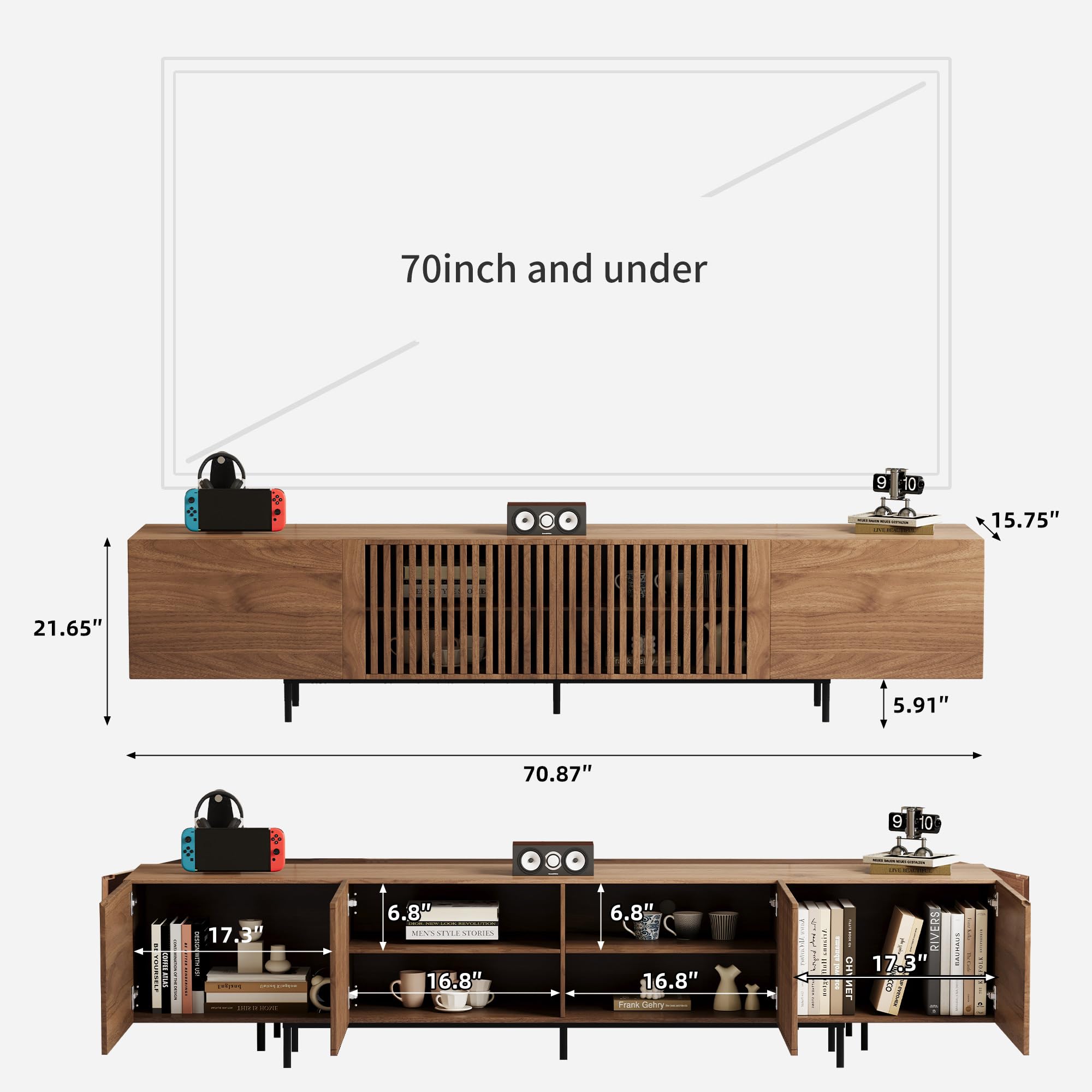 Modern Walnut TV Console for 70 Inch Screen – 70.87” Media Unit with Grille Doors and Drawers for Living Room & Bedroom