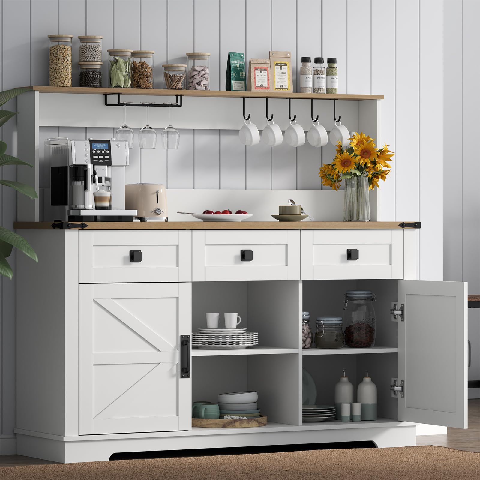 Farmhouse Bar Cabinet with Hutch, Kitchen Buffet Cabinet with Storage Cabinet & 3 Sliding Drawers, Adjustable Shelf, Goblet Holder, Cup