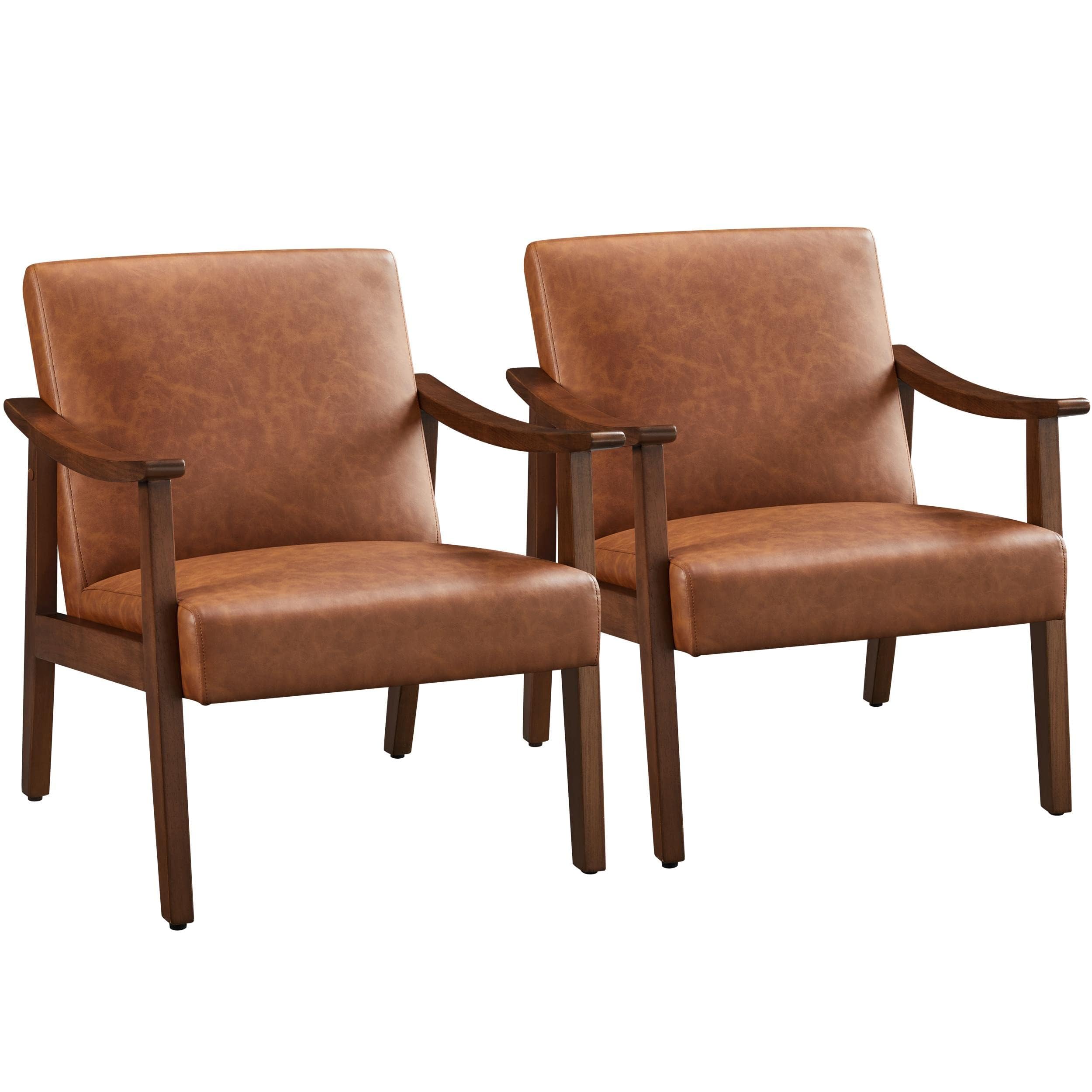 PU Leather Accent Chair, Mid-Century Modern Armchair with Solid Wood Legs, Reading Leisure Chair with High Back for Living Room Bedroom Waiting Room, Set of 2, Brown