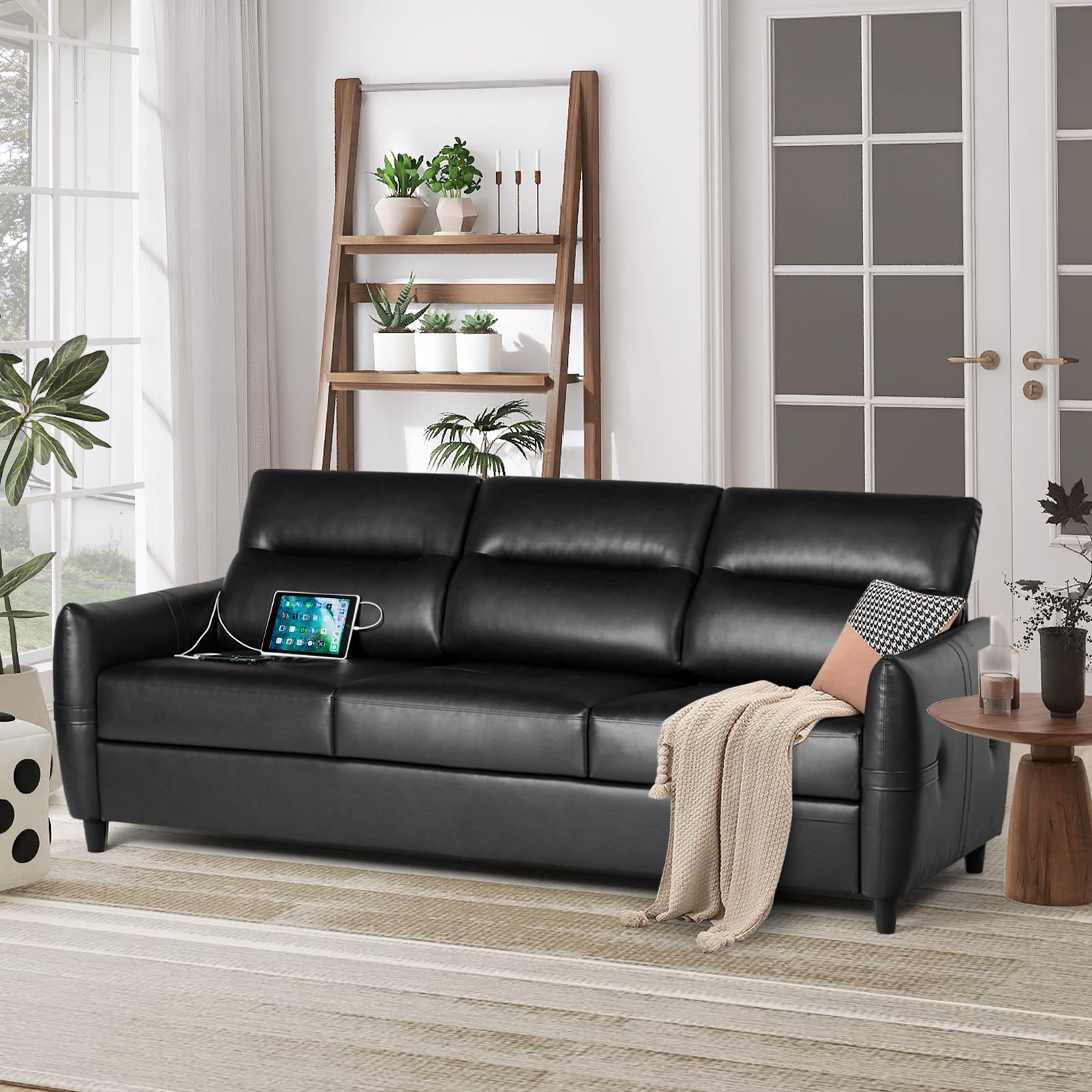 85” Black Faux Leather Couch with USB, 3 Seater Sofa Couches for Living Room, Large Mid Century Modern Office Apartment Couch (Black)