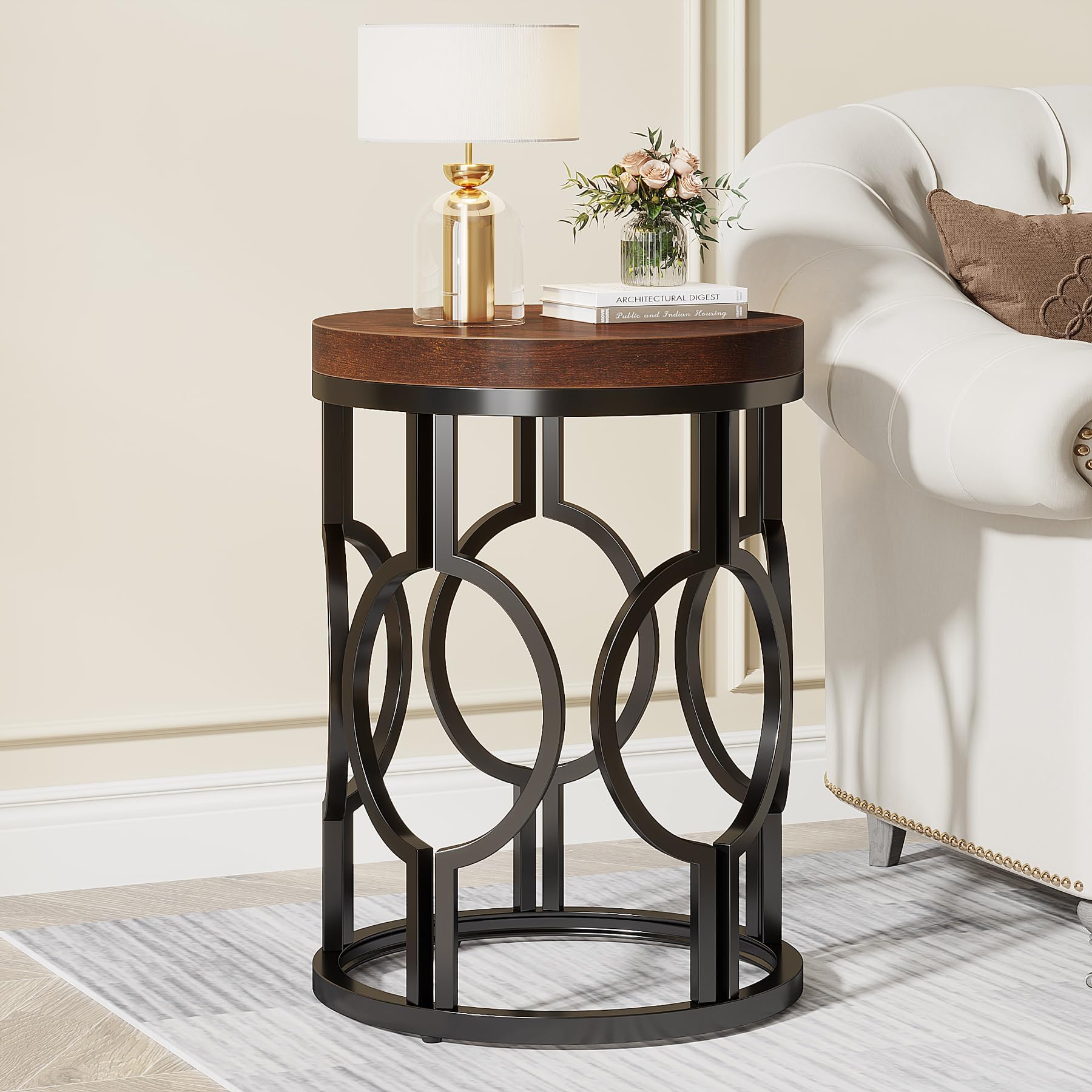 Set of 2 Round End Tables, Industrial Side Tables with Metal Hollow Frame, Small Nightstands for Bedroom or Living Room, Rustic Brown