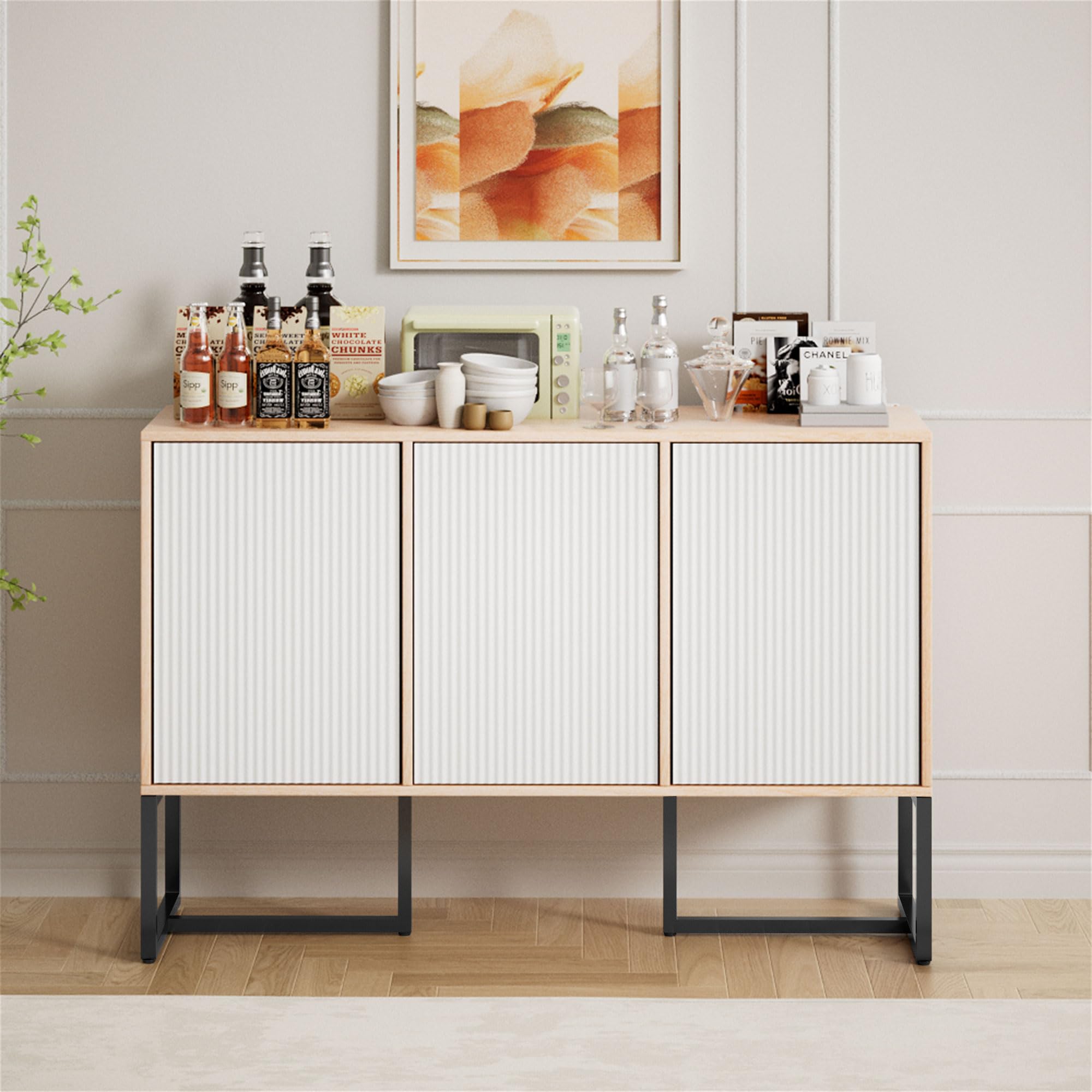 White Buffet Cabinet with Storage - 3-Door Coastal Modern Sideboard w/Sturdy Metal Legs, Convertible Coffee Bar & Multi-Room Organizer