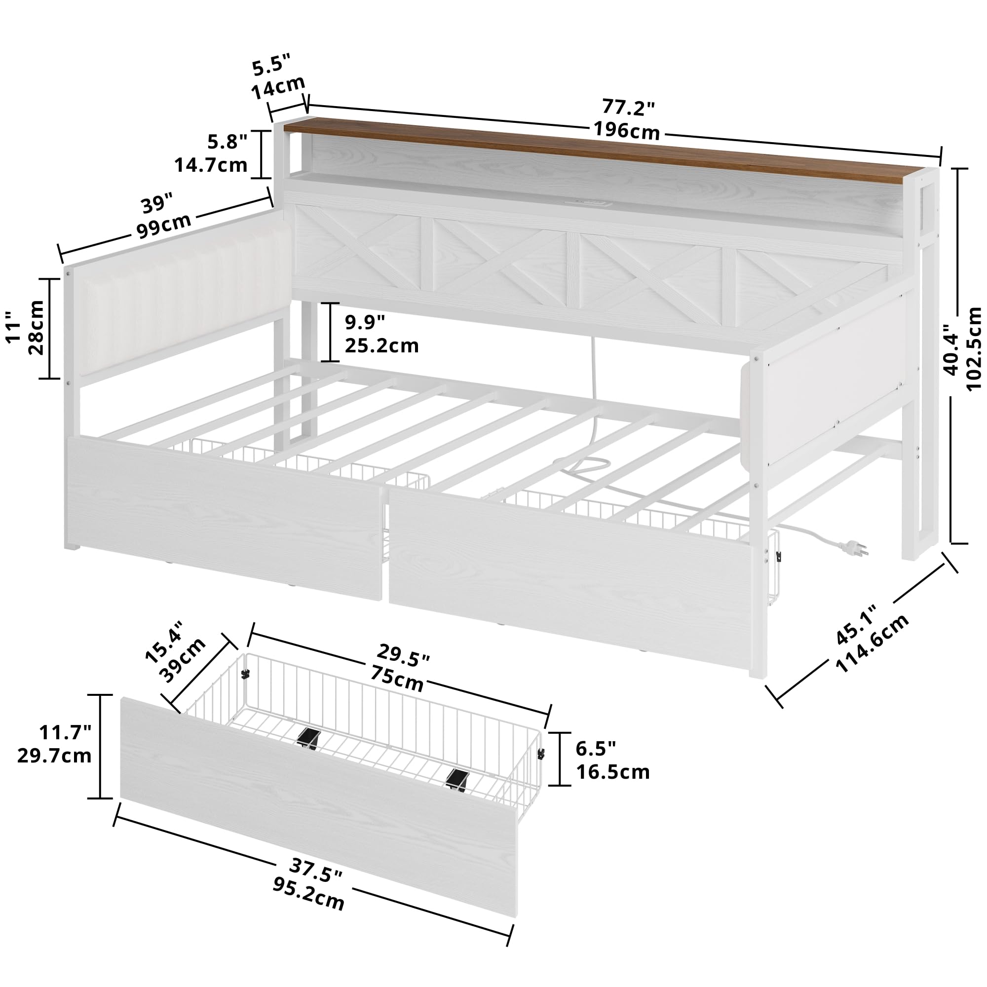 Twin Daybed with Storage Drawers, Metal Frame with X-Shaped Headboard & Charging Station, Farmhouse Bed for Bedroom, White/Walnut