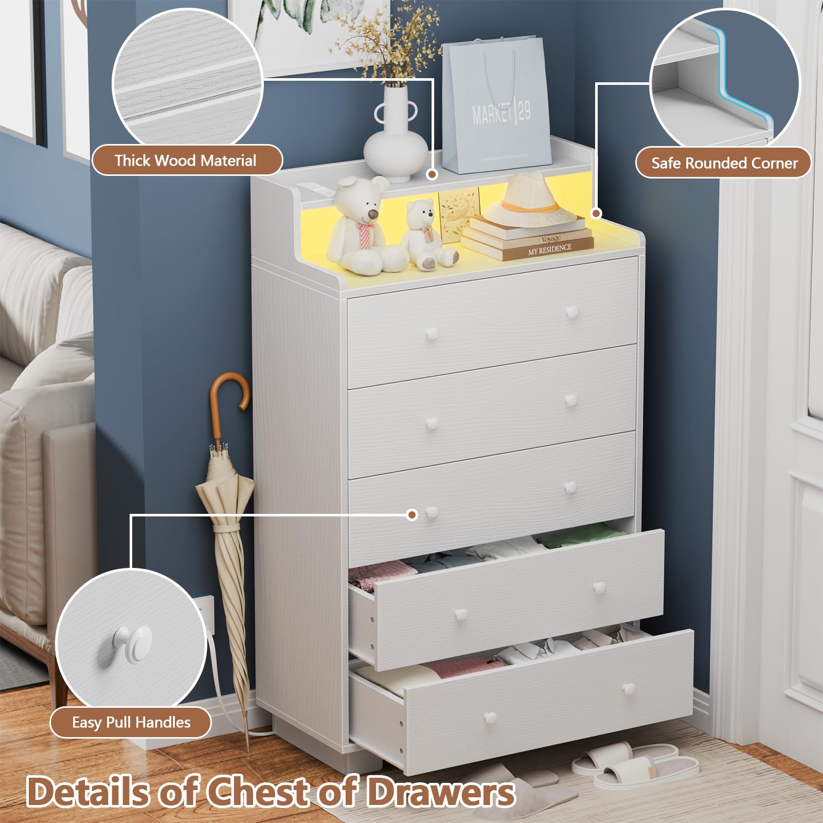 Tall 5-Drawer Dresser for Bedroom, Chest with Charging Station & LED Light, Deep Wood Drawers for Clothes, Closet, Entryway, White