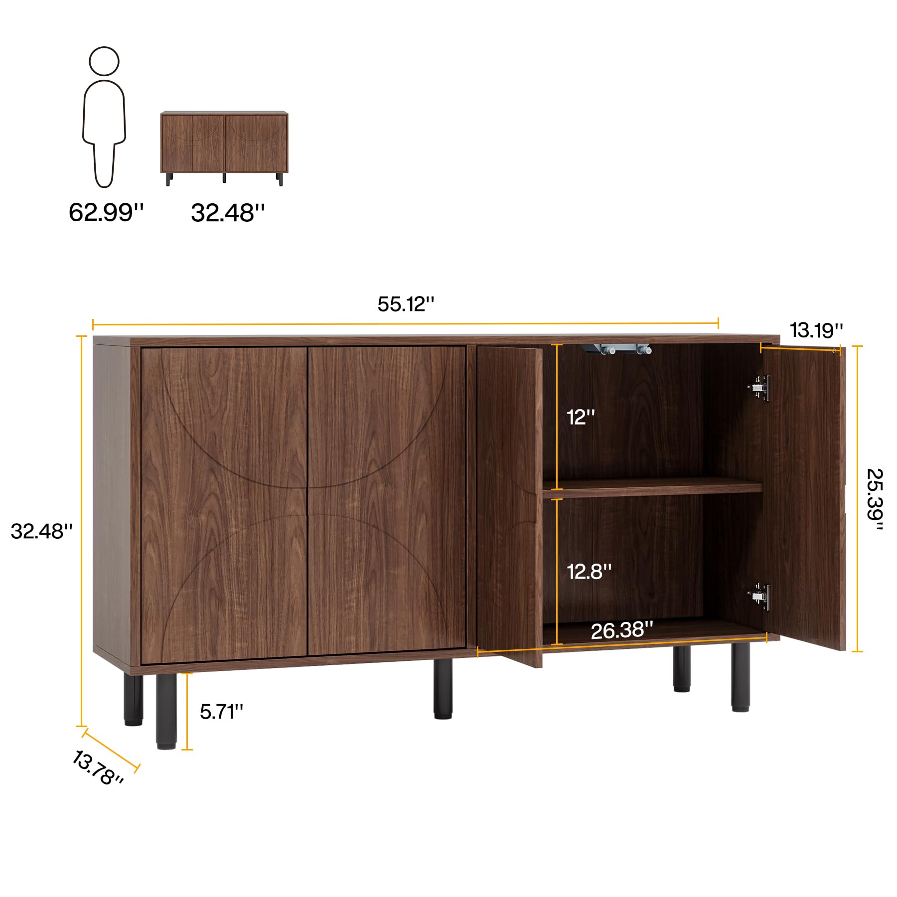 Sideboard Buffet Cabinet with Storage, 55" Mid-Century Modern Credenza Accent Storage Cabinet with 4 Doors and Adjustable Shelves for Dining