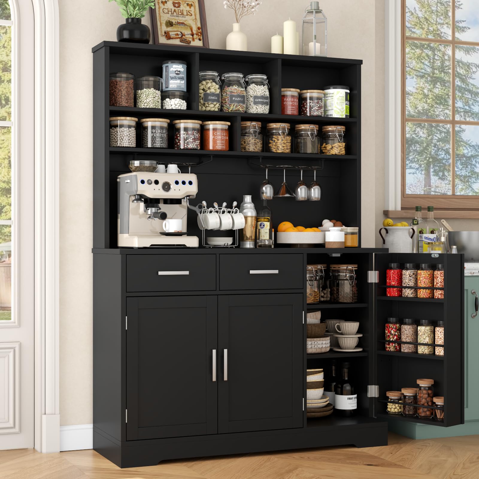 Pantry Storage Cabinet with 2 Drawers, Tall Kitchen Hutch Cabinet with Microwave Shelf, Modern Buffet Cabinets with Goblet Holders, Food