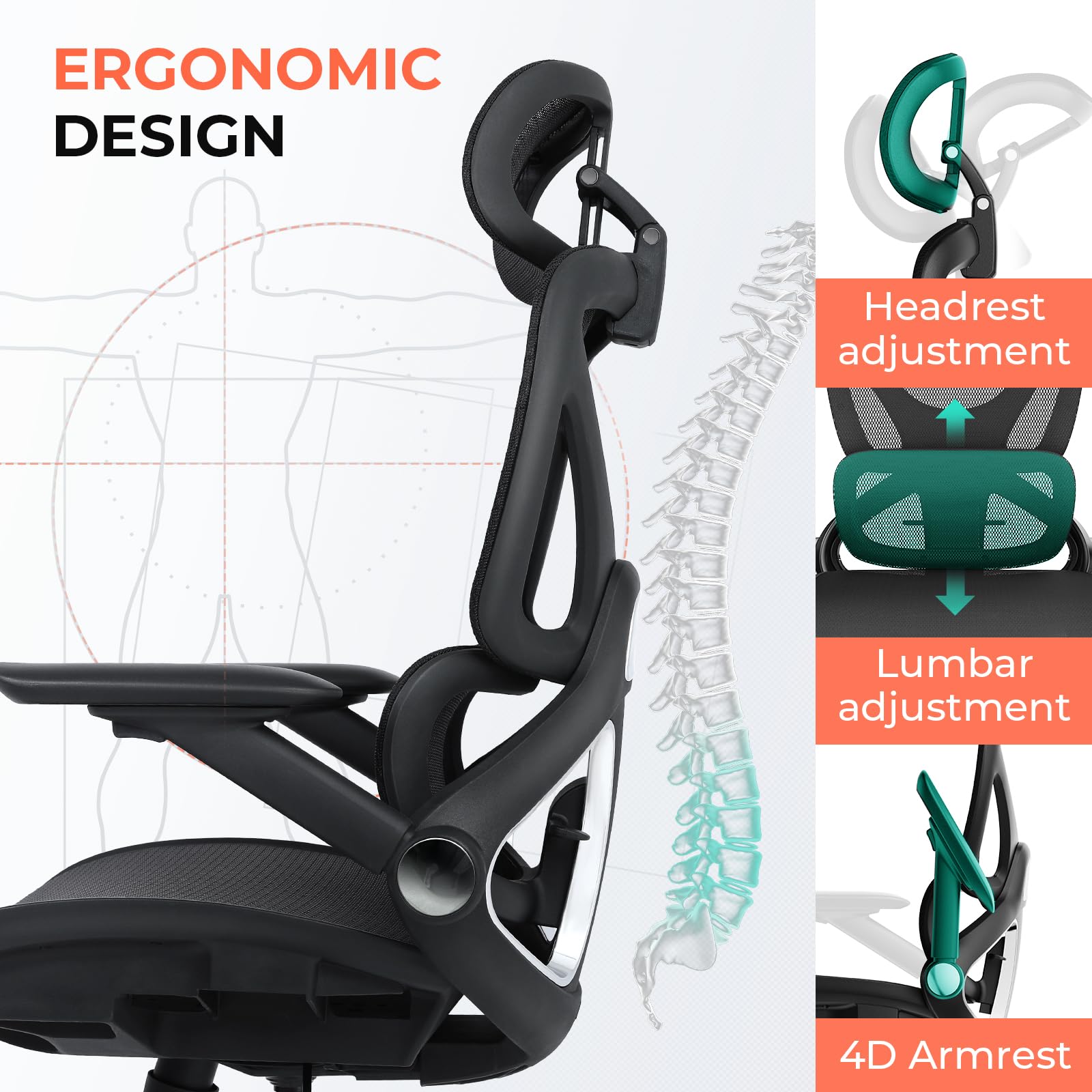 Ergonomic Mesh Office Chair, High Back Desk Chair 400lbs with 3D Headrest, Adjustable Lumbar, 4D Flip-Up Arms, PU Wheels, Tilt & Swivel