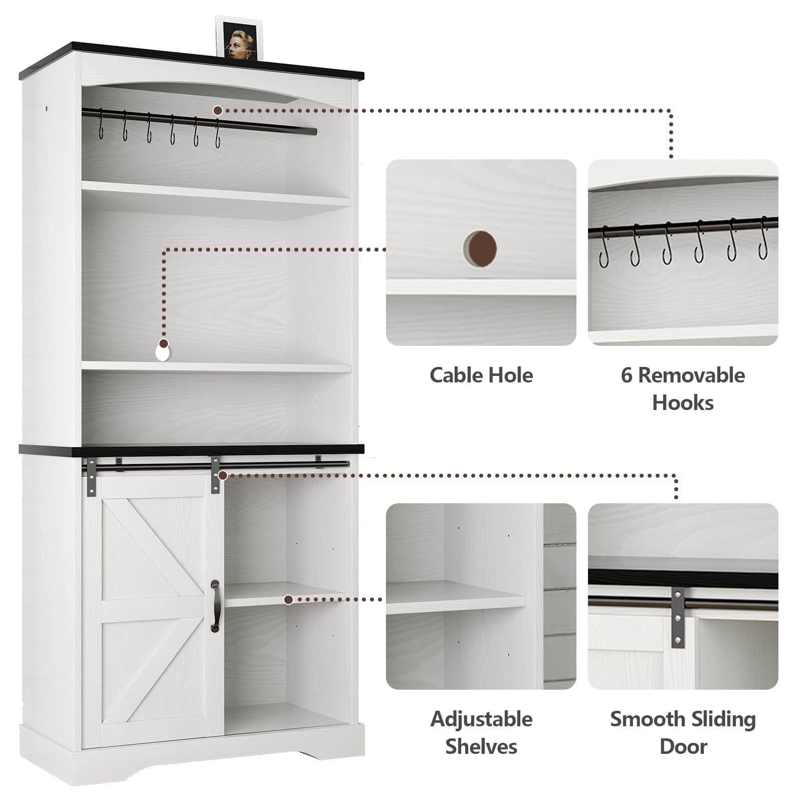 Farmhouse Tall Coffee Bar with Tall Hutch, White Coffee Bar Cabinet with 3 Tier Shelves, 70 Inch Buffet Cabinet with Sliding Barn Door and Adjustable