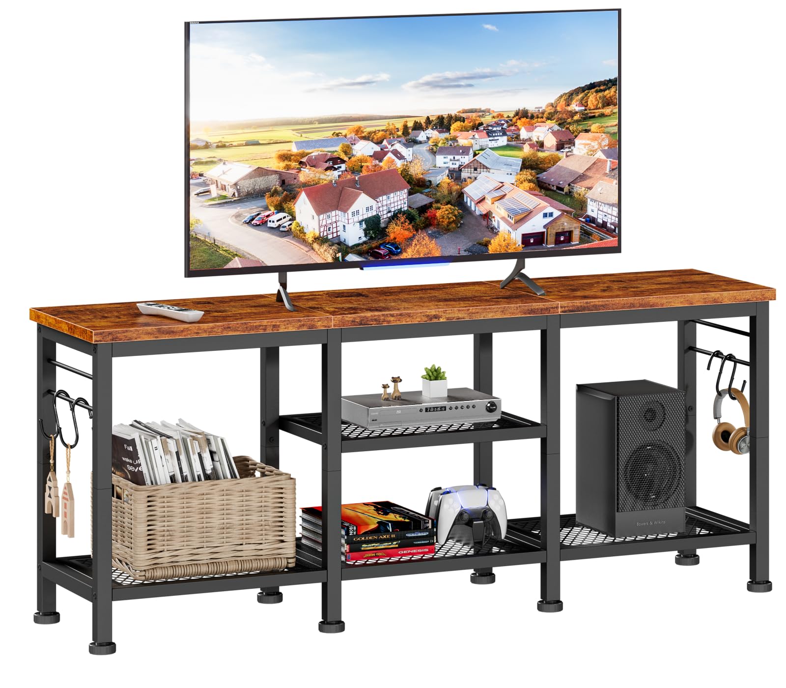 TV Stand for TVs up to 55", Entertainment Center with Open Storage Shelves & Soundbar Shelf, Media Console Table for Living Room, Bedroom, Rustic Brown