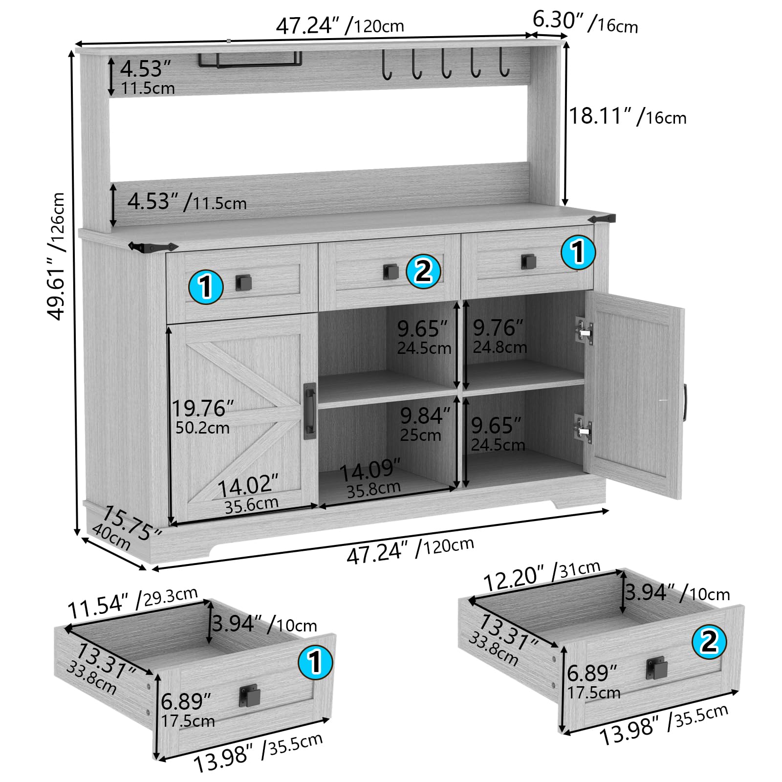 Farmhouse Bar Cabinet with Hutch, Kitchen Buffet Cabinet with Storage Cabinet & 3 Sliding Drawers, Adjustable Shelf, Goblet Holder, Cup