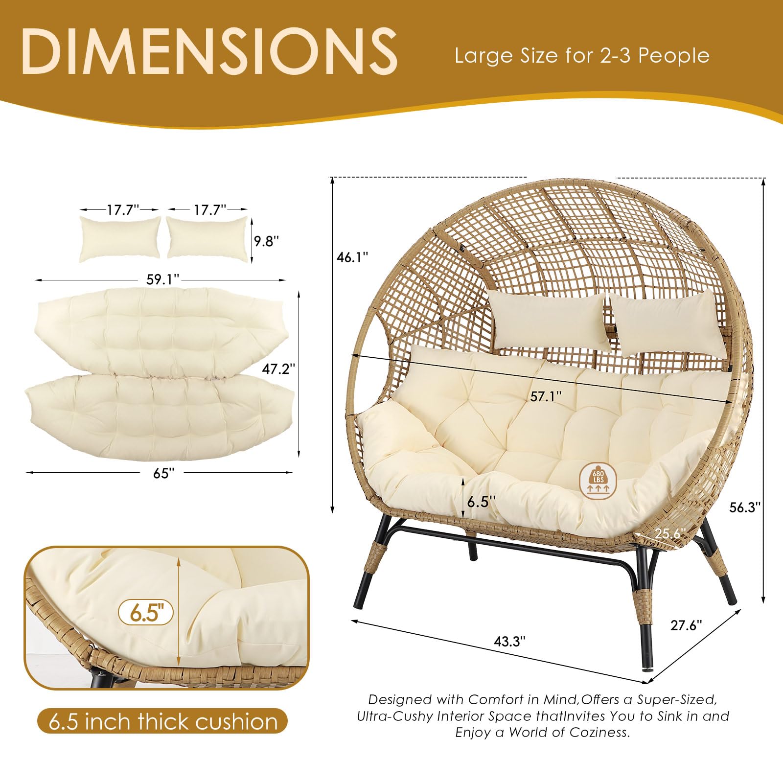 Double Egg Chair for Indoor/Outdoor, 2-Person Oversized Loveseat with Thick Cushions & Cover, 680 lbs Patio Lounge Chair, Beige