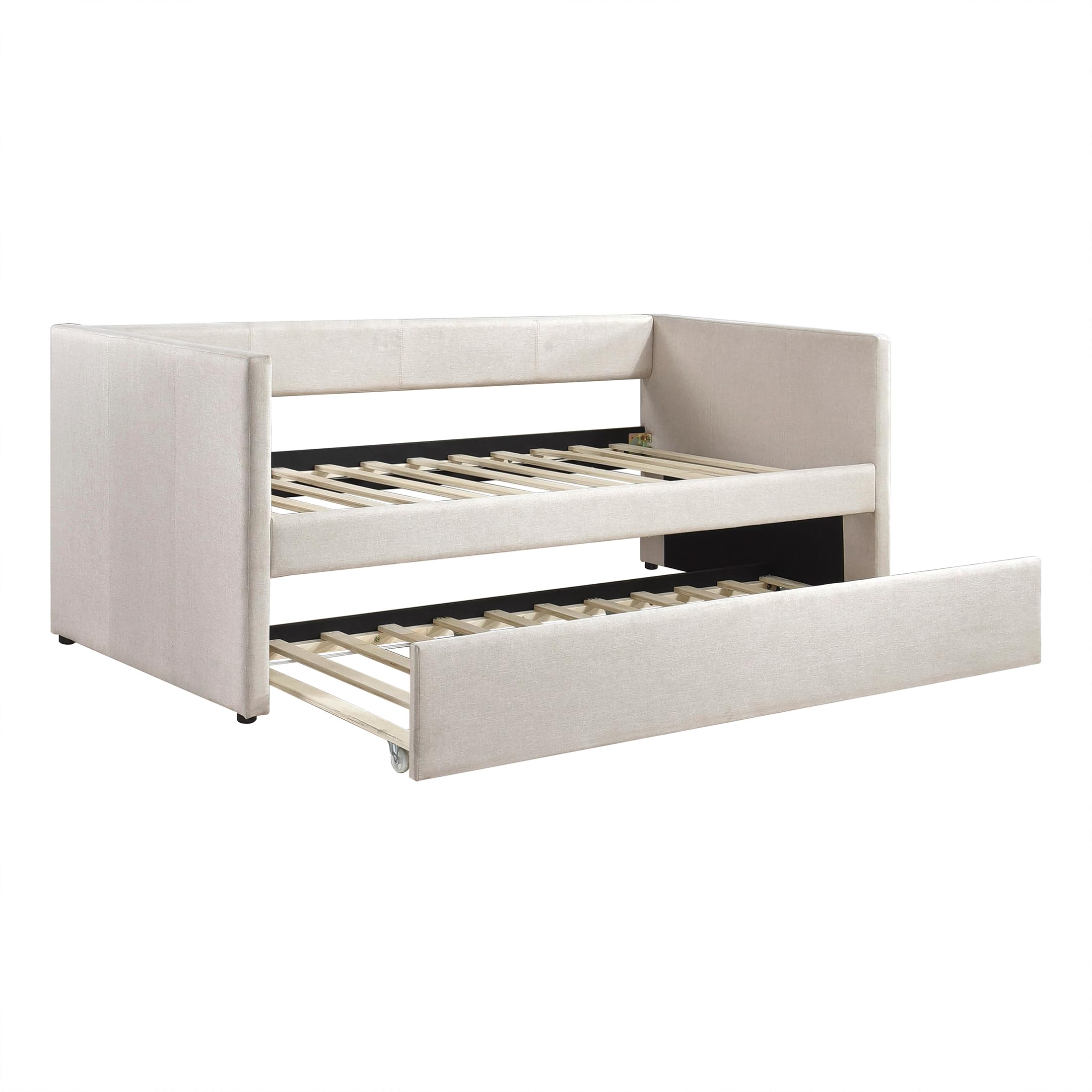 Upholstered Twin Daybed with Trundle, Textured Fabric Sofa Bed with Backrest & Wood Slat Support for Bedroom, Guest Room, Beige