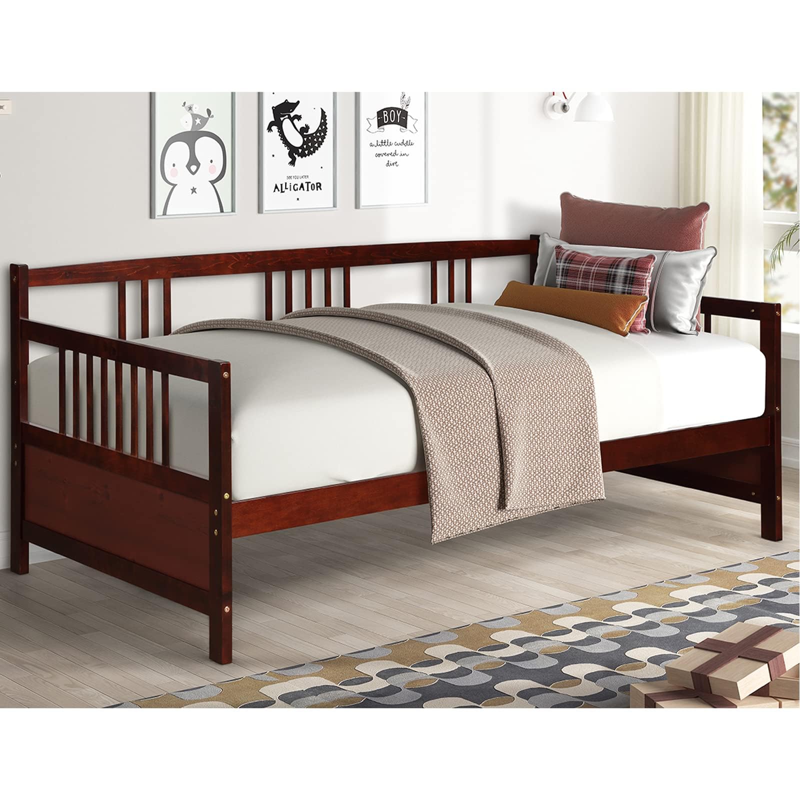 Twin Daybed Frame, Wooden Sofa Bed with Rails & Slat Support, Dual-Use Platform Bed for Bedroom or Living Room, No Box Spring Needed, Cherry
