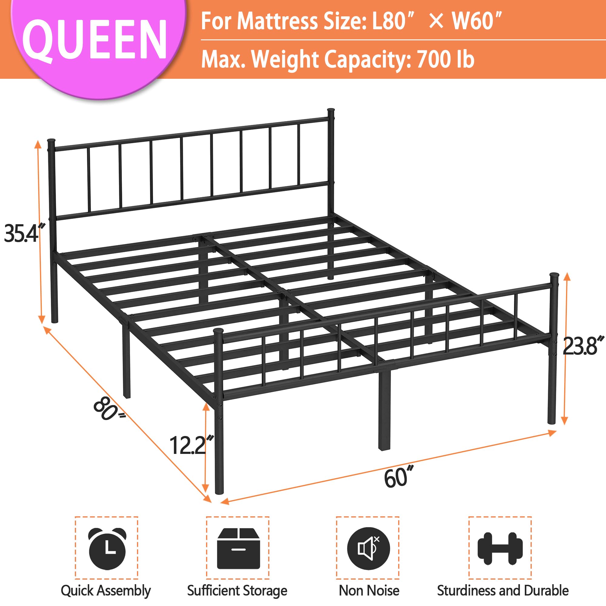 Queen Bed Frame-Classic Metal Platform Bed Frame,Mattress Foundation with Steel Slat Support,Under Foundation Storage,, , Queen Size