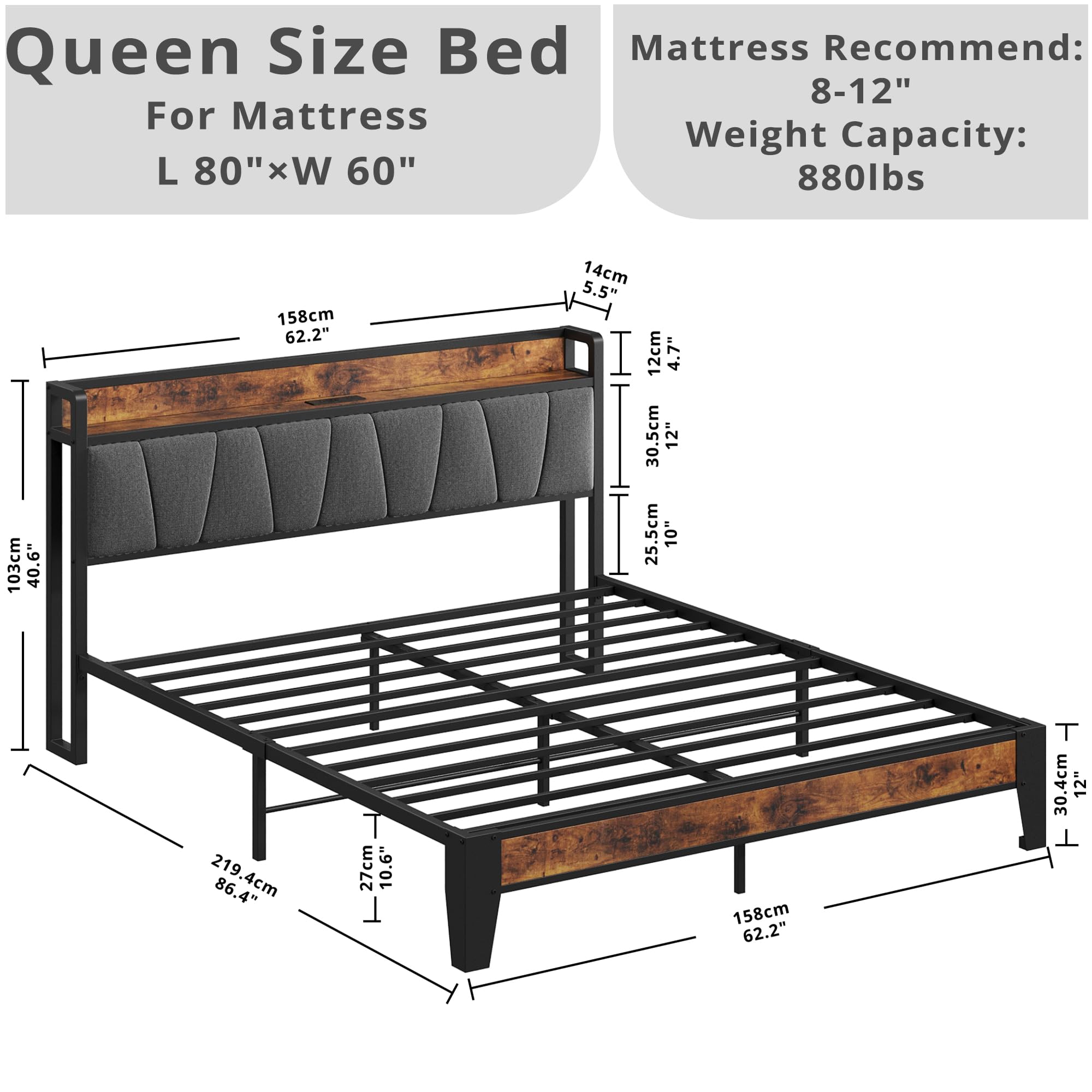 Queen Bed Frame, Storage Headboard with Charging Station, Solid and Stable, Noise Free, No Box Spring Needed, Easy Assembly