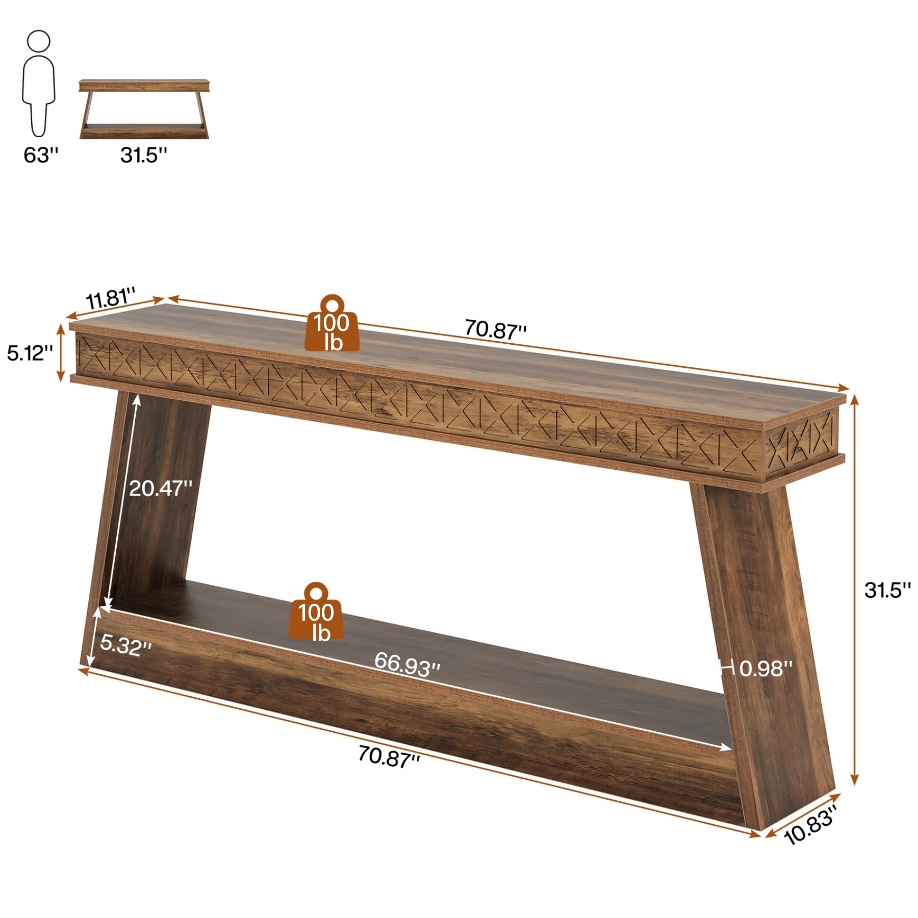 71" Farmhouse Console Table, Extra Long 2-Tier Entryway Table with Storage, Narrow Sofa Table for Living Room, Hallway, Foyer, Rustic Brown