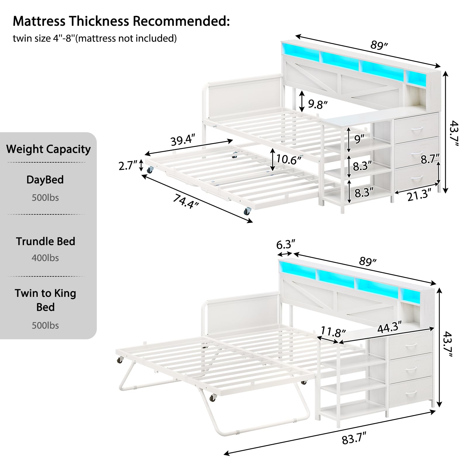 Twin Daybed with Pop-Up Trundle, Farmhouse Wood Frame with 3 Storage Drawers, Shelves, LED Lights & Charging Station, Twin to King, White