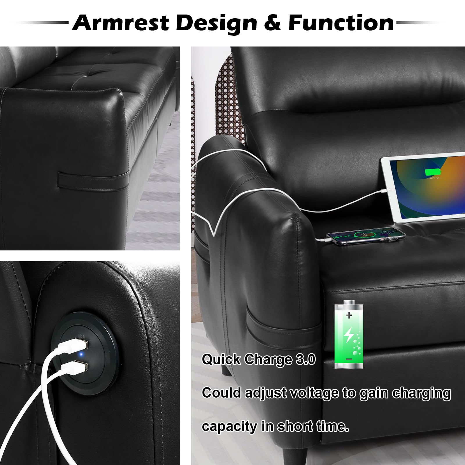 85” Black Faux Leather Couch with USB, 3 Seater Sofa Couches for Living Room, Large Mid Century Modern Office Apartment Couch (Black)
