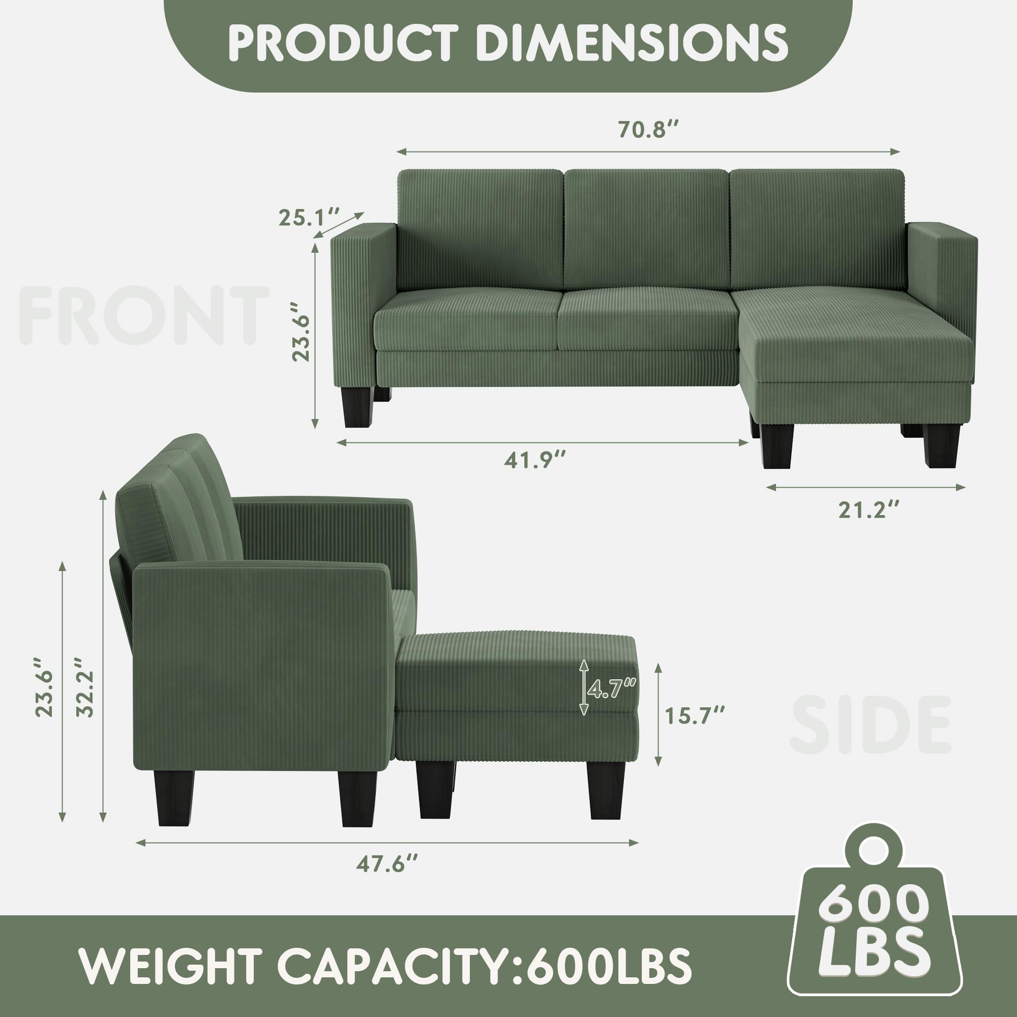 L-Shaped Convertible Sectional Sofa 3 Seater with Corduroy Fabric, Complete with Mobile Footrest, for Living Room, Apartment and Office, 70", Green