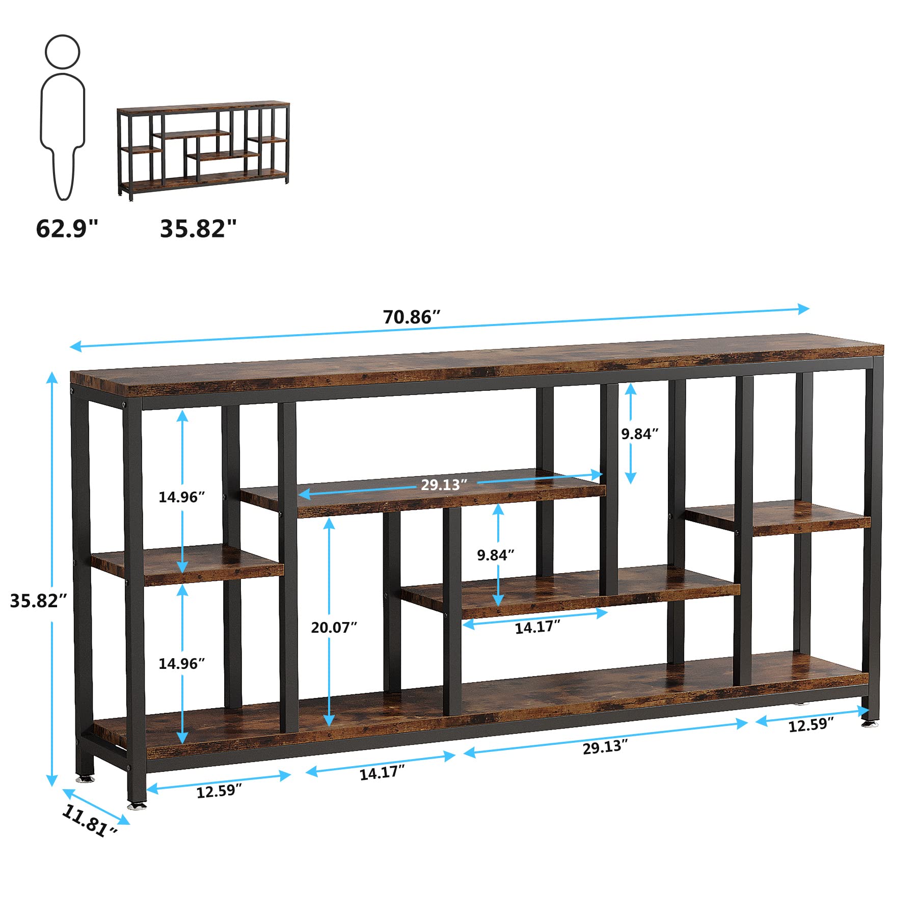 Console Sofa Table, 70.9 inch Extra Long Table Behind Couch with Storage Shelves, 3-Tier Industrial Narrow Entryway Hallway Accent Table for Living Room, Rustic Brown