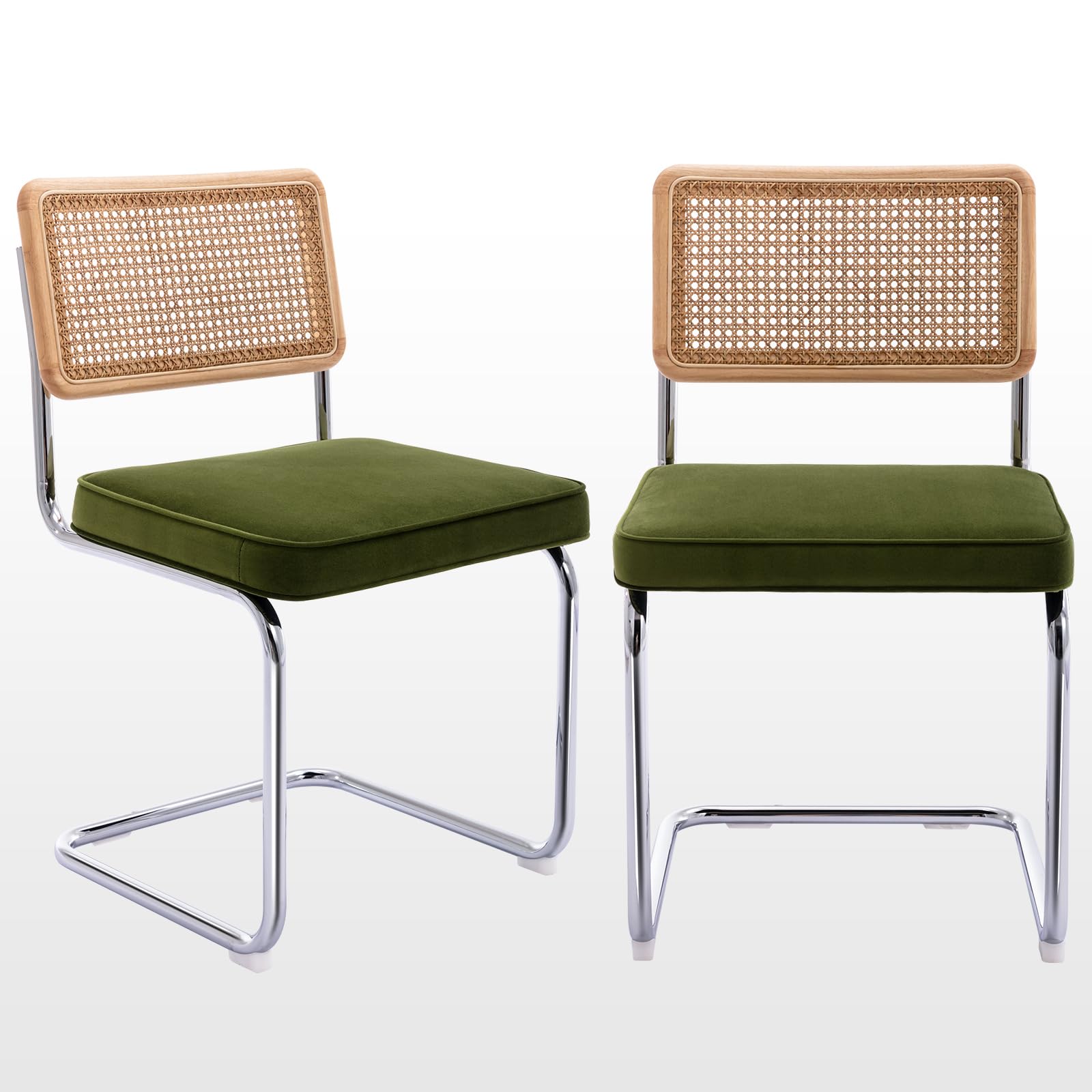 Natural Rattan Dining Chairs Set of 2, Modern Boho Kitchen Chairs with Solid Wood Back & Chrome Base, Mid Century Breuer Design Inspired