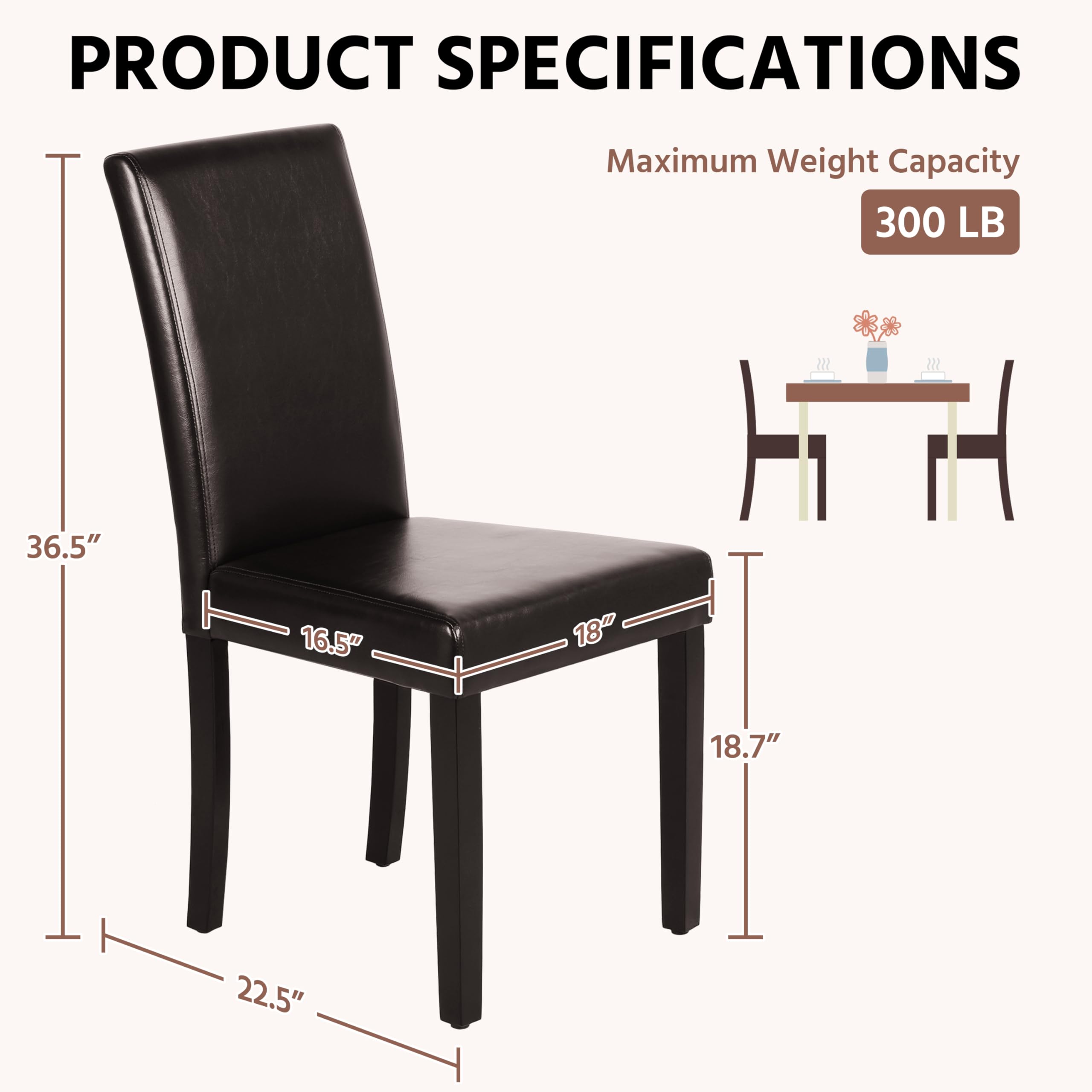 Dining Chairs Set of 4 PU Leather Dining Room Chairs with Waterproof Surface and Wood Legs for Kitchen Restaurant and Living Room, Dark Brown