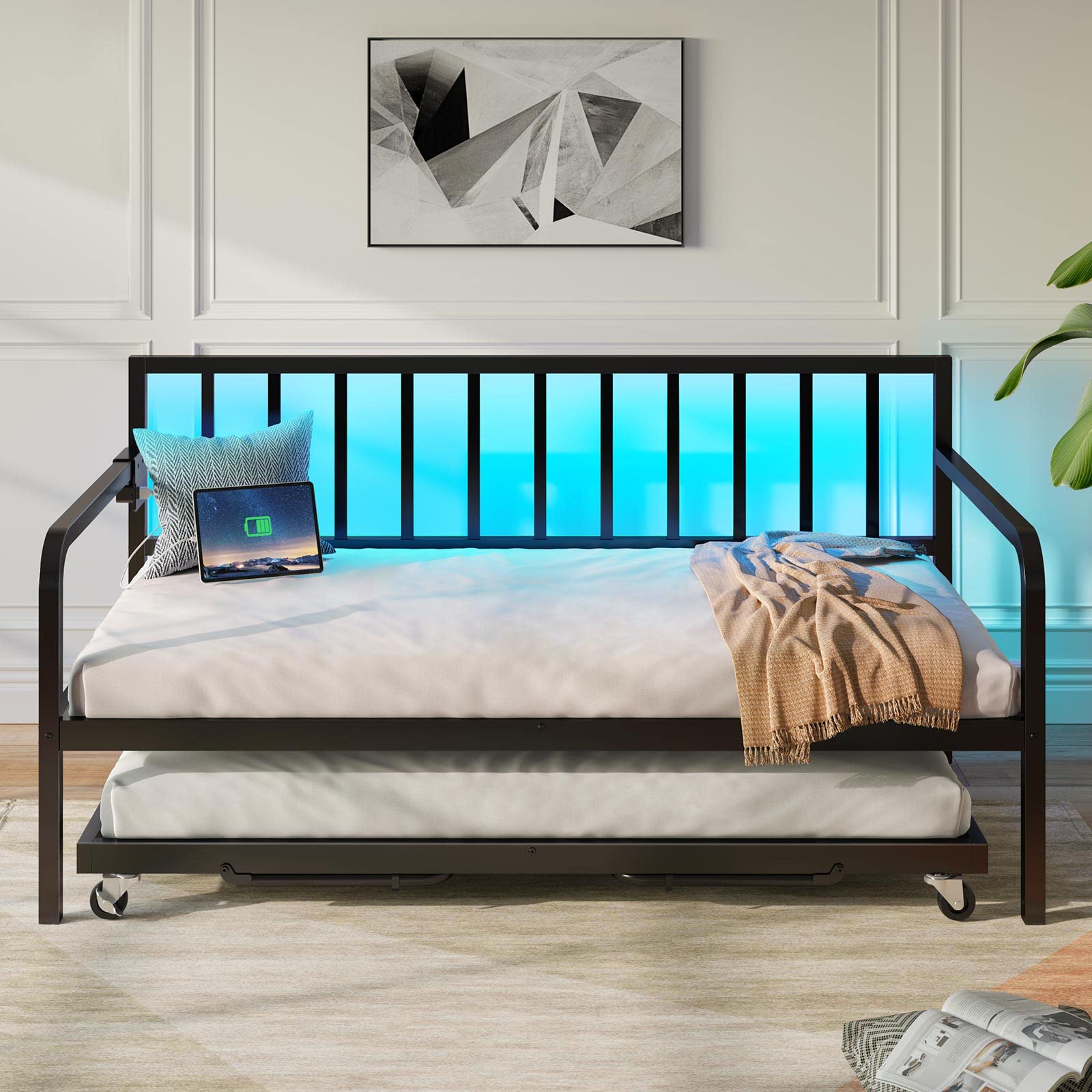 Twin Daybed with Trundle, Charging Station & LED Lights, Height Adjustable Metal Frame with Steel Slats for Bedroom, Black