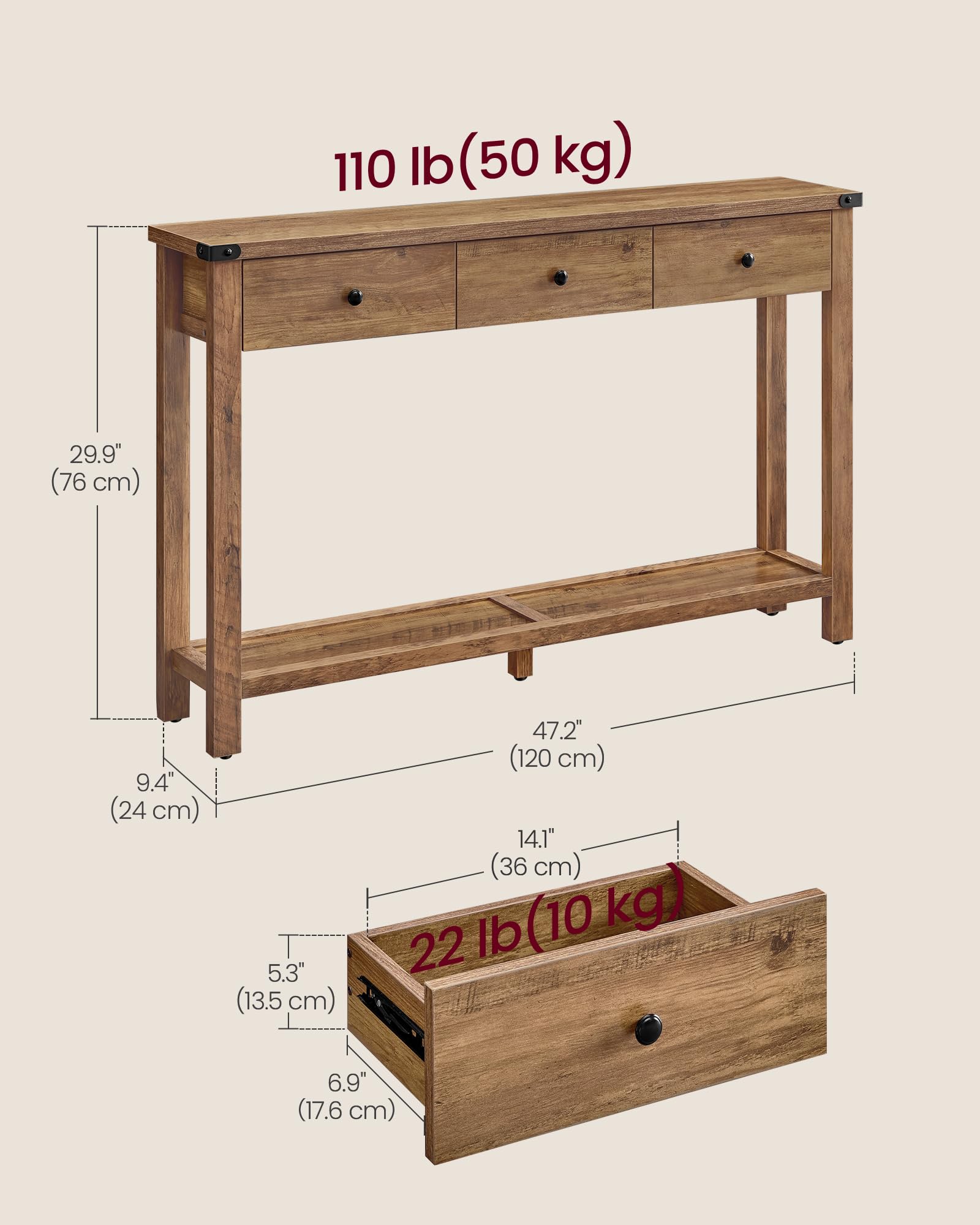 Console Sofa Table, Narrow Entryway Table with 3 Drawers, Open Storage Shelf, Metal Corners, for Living Room, Farmhouse Style, Honey Brown ULNT142K41