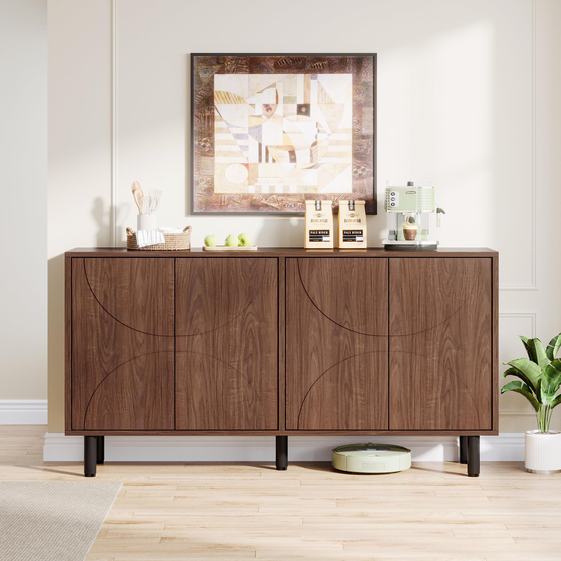 Sideboard Buffet Cabinet with Storage, 55" Mid-Century Modern Credenza Accent Storage Cabinet with 4 Doors and Adjustable Shelves for Dining