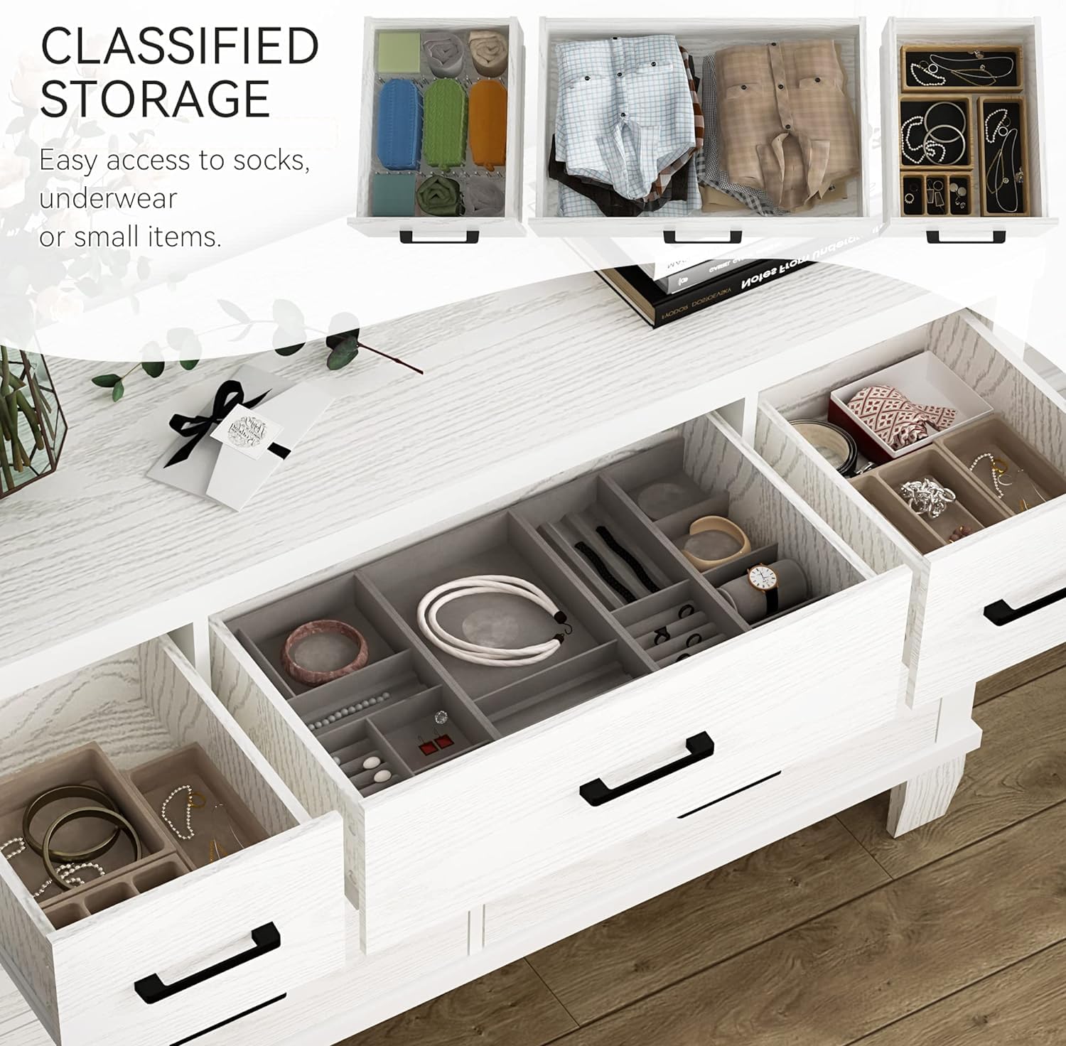 7-Drawer Modern Dresser with Metal Handles, Wooden Chest of Drawers Organizer for Bedroom & Living Room, White Finish