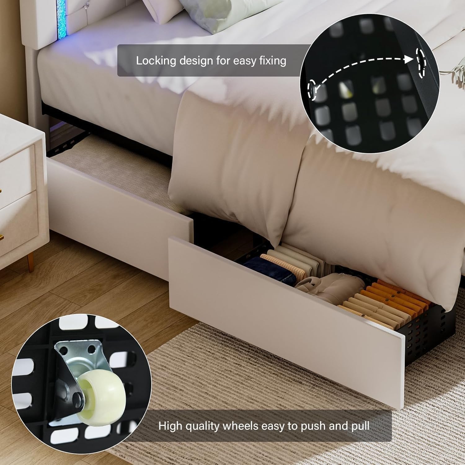 Twin Upholstered Bed Frame with LED Lights, Storage Drawers, Crystal Tufted Headboard, Princess Style, No Box Spring – White