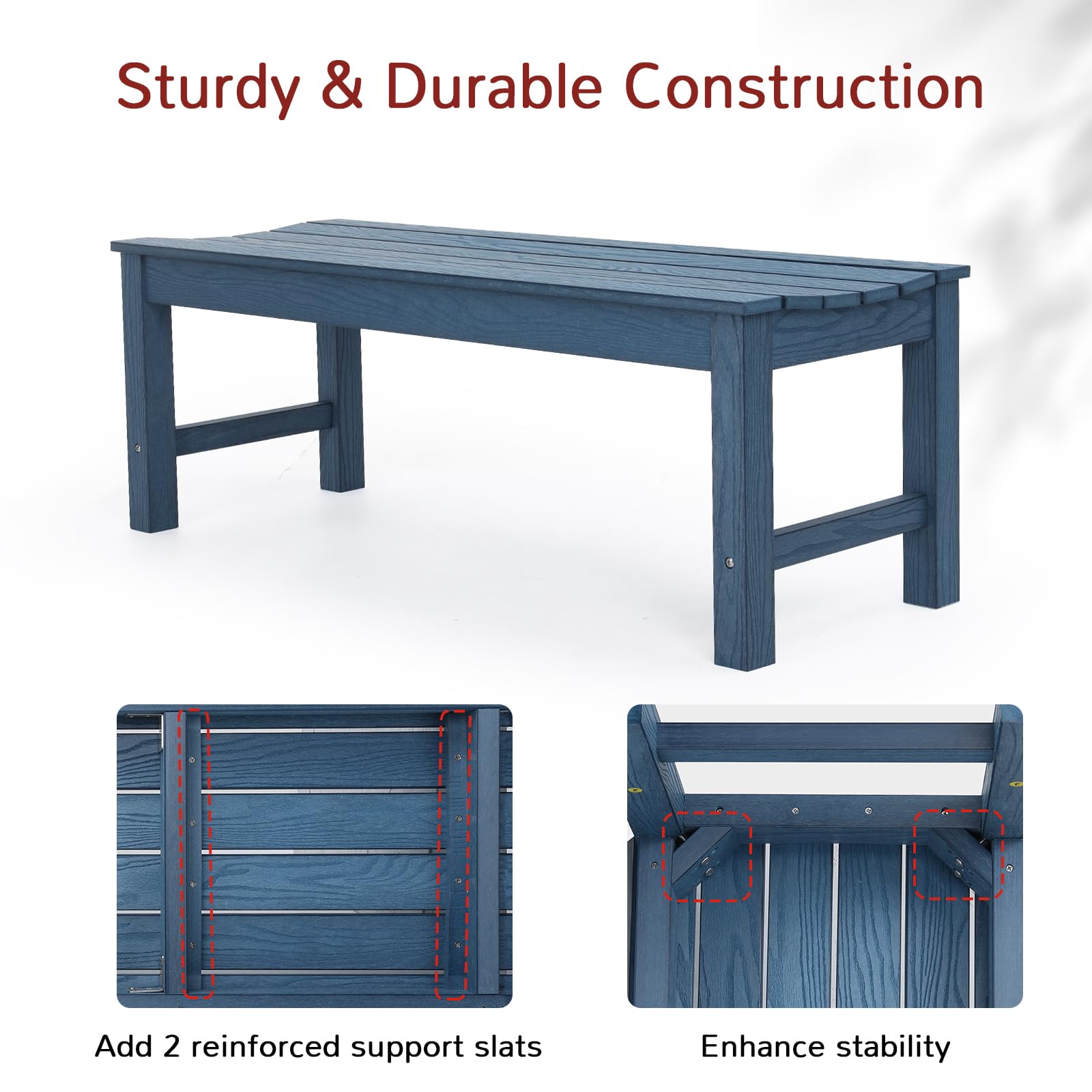 Outdoor Bench, 2-Person Patio Dining Bench, Waterproof Garden Bench, Never Rot or Fade, for Porch, Garden, Deck, and Entryway, Blue