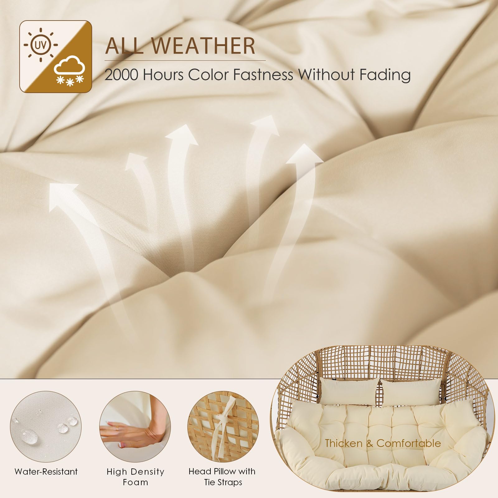 Double Egg Chair for Indoor/Outdoor, 2-Person Oversized Loveseat with Thick Cushions & Cover, 680 lbs Patio Lounge Chair, Beige