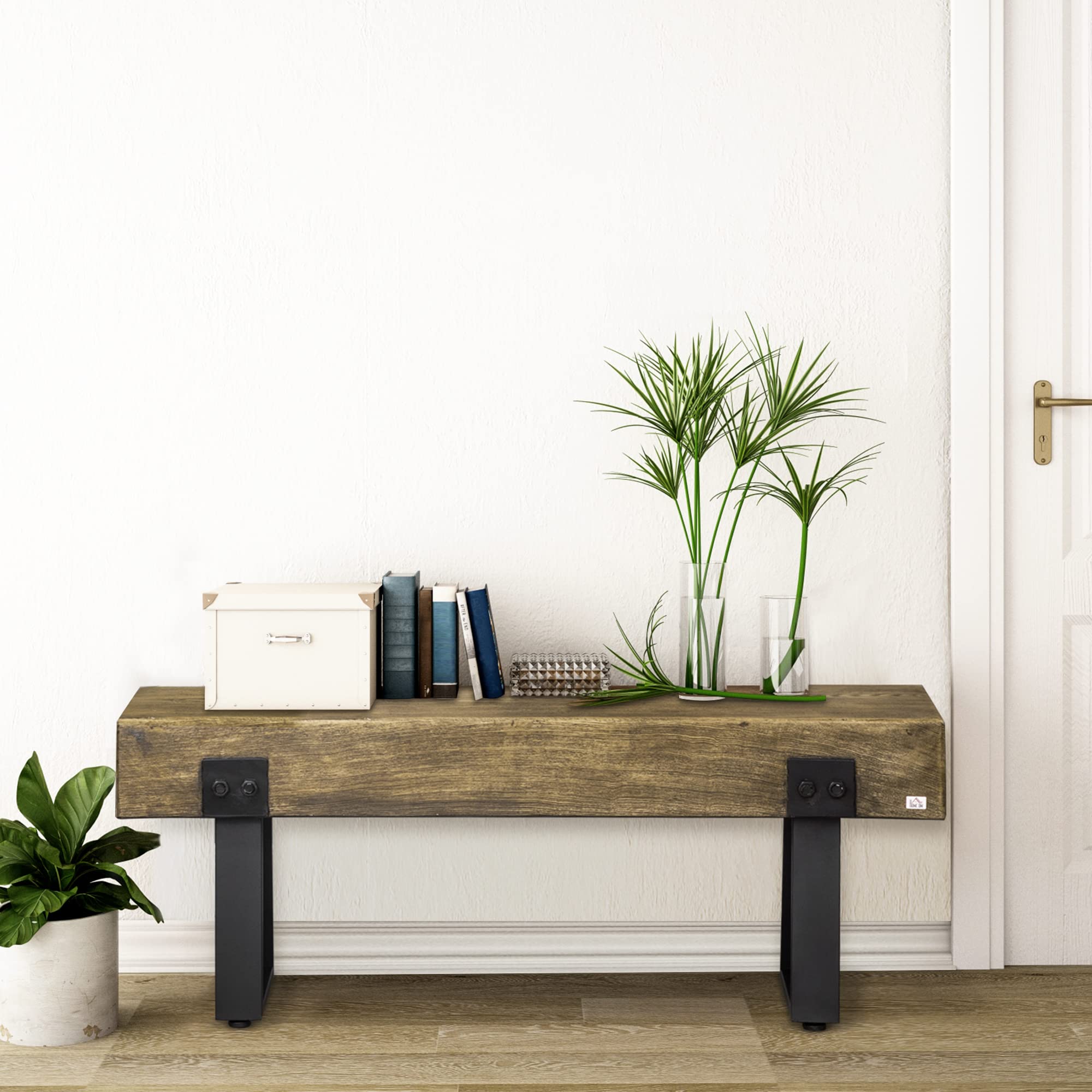 Garden Bench with Metal Legs, Rustic Wood-Effect Concrete Seat, Indoor/Outdoor Entryway Bench for Patio, Porch, Park, Natural & Black