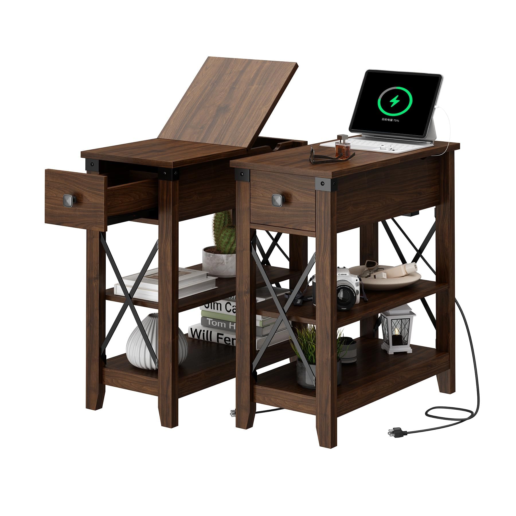 Set of 2 Narrow End Tables with Charging Station, USB Ports & Outlets, Farmhouse Slim Nightstands with Flip Top Drawer, Walnut Finish