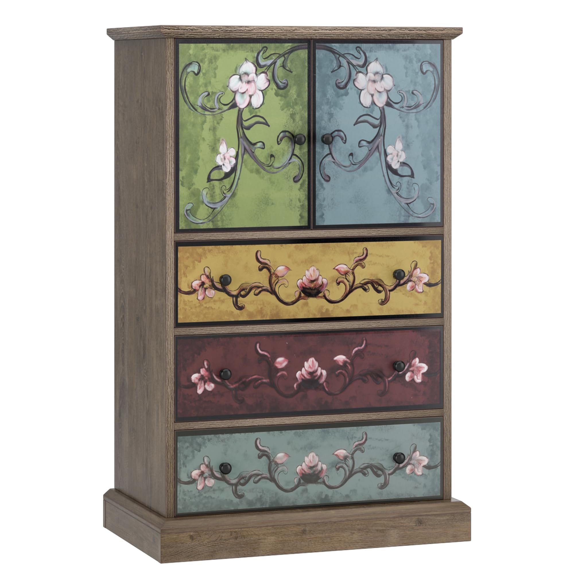Wood Chest of Drawers, Tall Boho Dresser with Drawers and Doors, 16.1D x 23.6W 42.3H Inch Wood Accent Dresser for Home Office