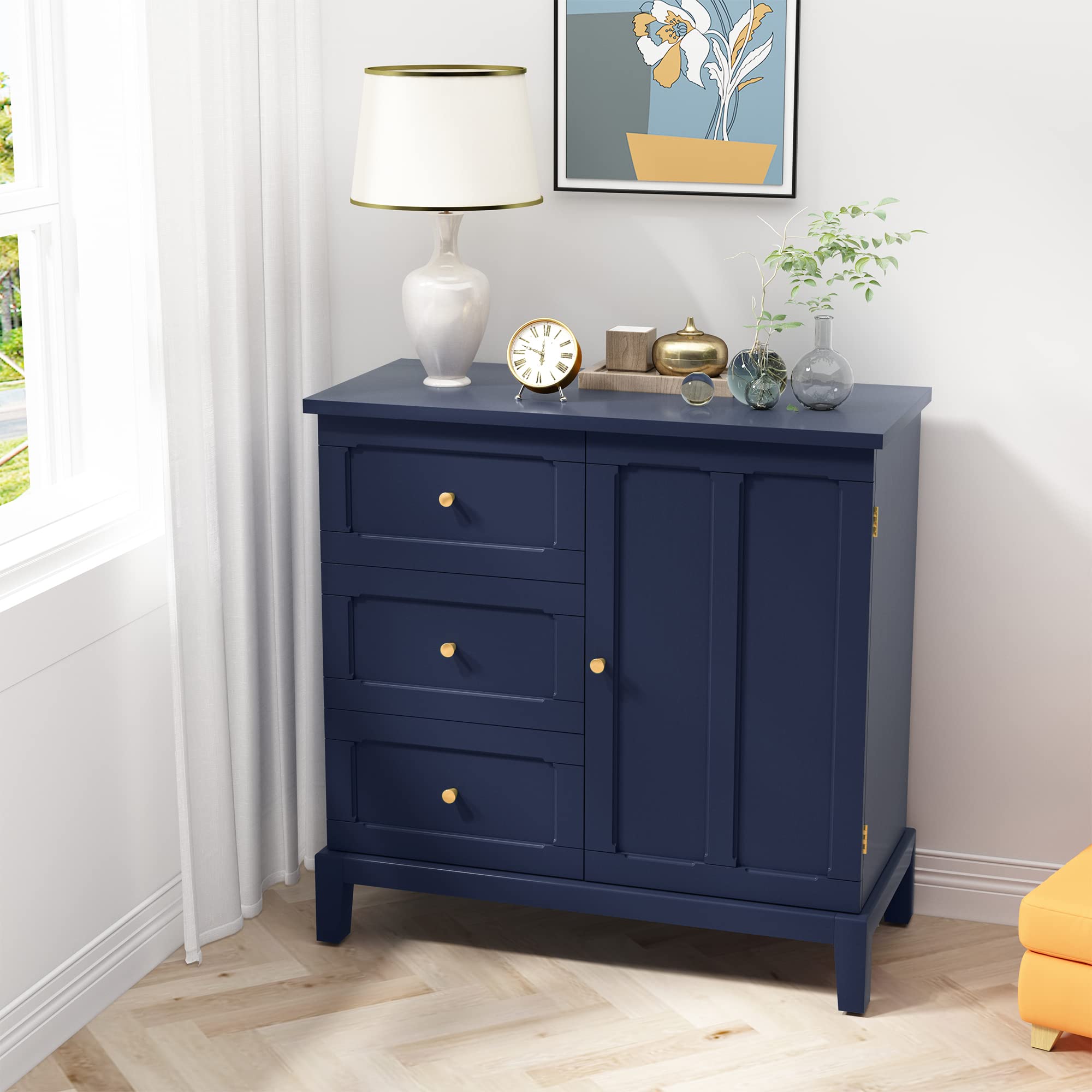 Accent Cabinet with 3 Drawers and Door, Wooden Storage Cabinet with Shelves, Sideboard for Living Room, Entryway, Navy Blue