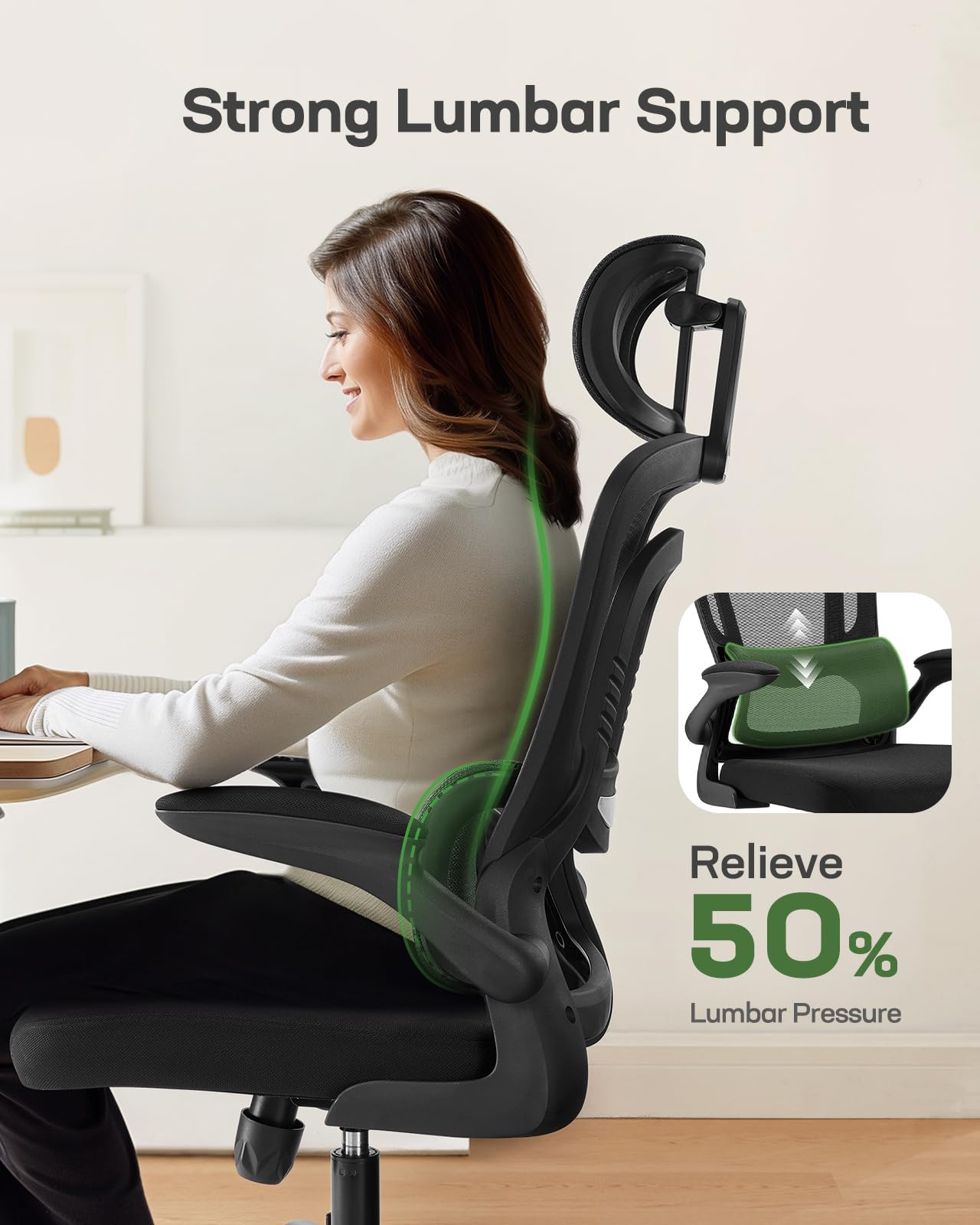Ergonomic Office Chair with Adjustable Lumbar Support, High Back Desk Chair with 2D Headrest & Flip-Up Armrests Gaming Computer Task Chair Tilt Function Black