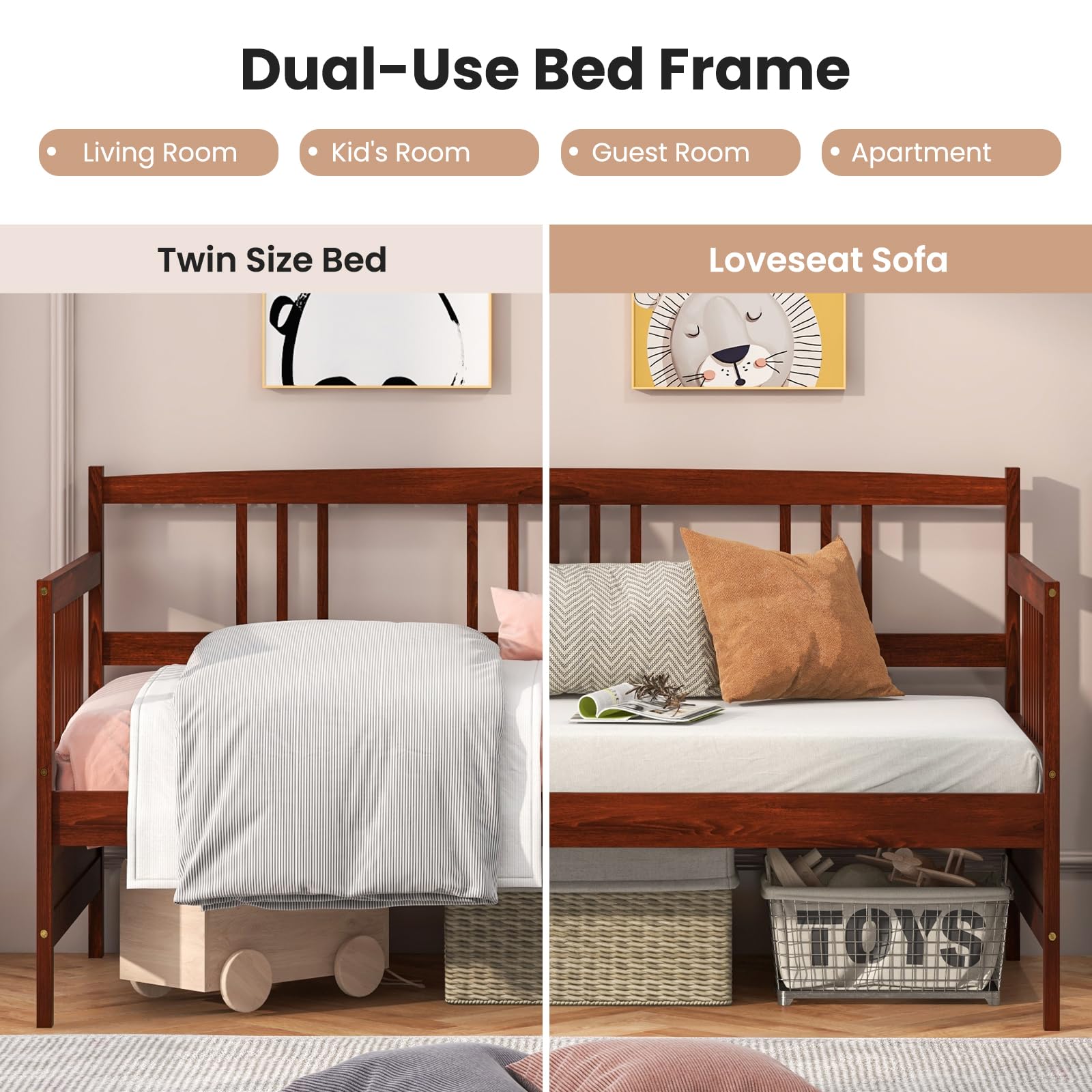 Twin Daybed Frame, Wooden Sofa Bed with Rails & Slat Support, Dual-Use Platform Bed for Bedroom or Living Room, No Box Spring Needed, Cherry