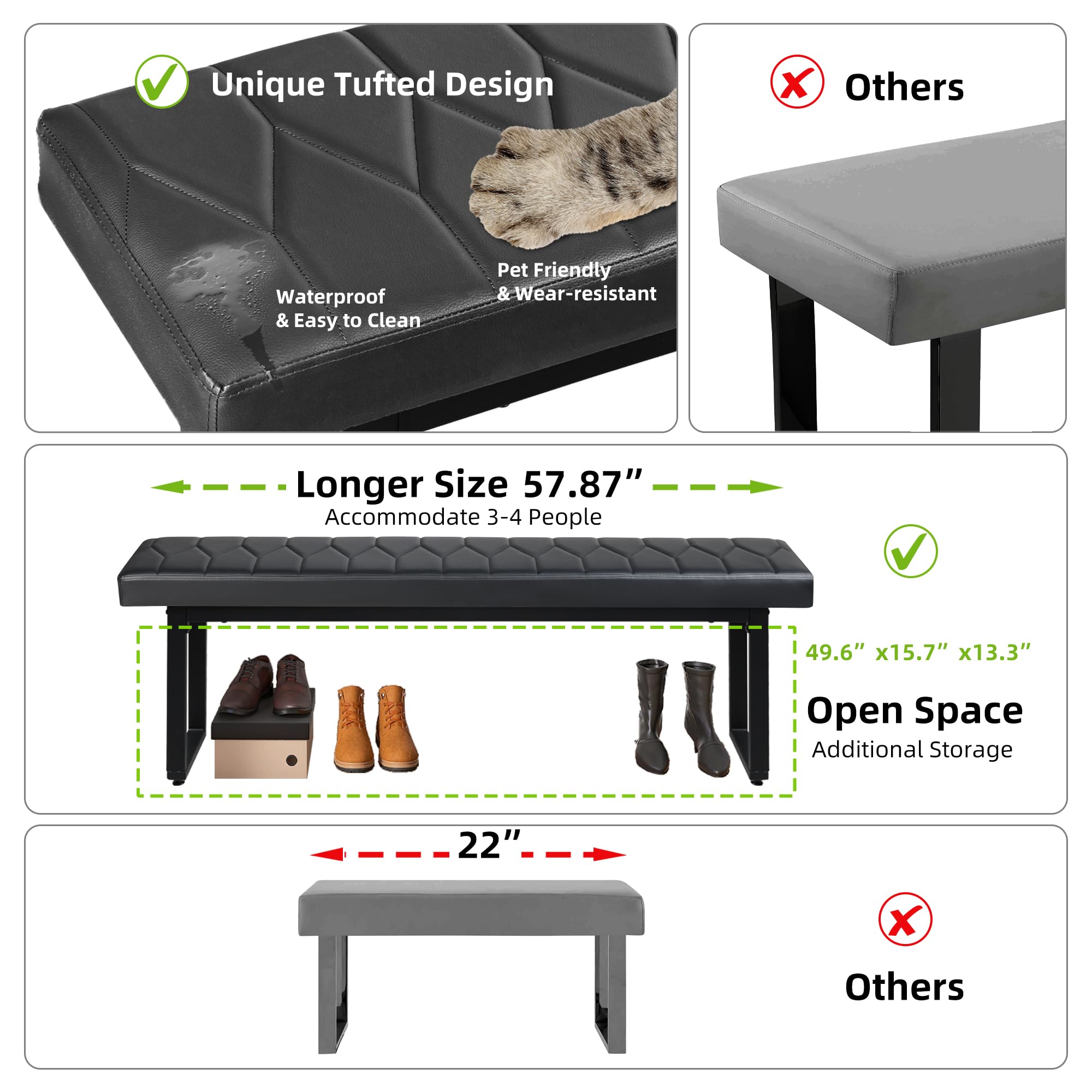 Set of 2 Padded 58" Dining Benches, Faux Leather Extra Long Cushioned Seats for 6–8 People, Entryway, Bedside, Dining Room, Black