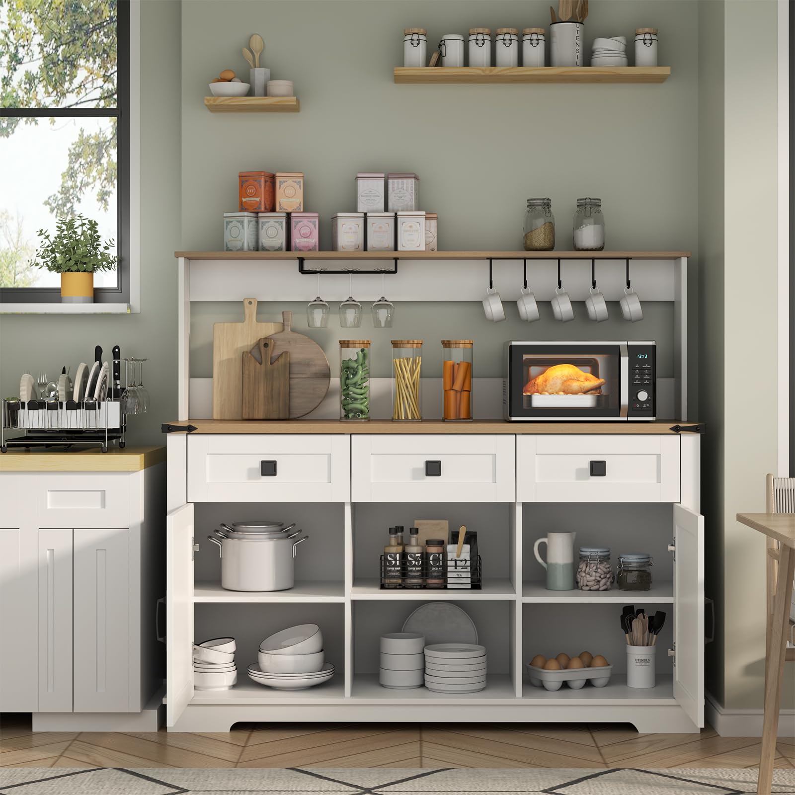 Farmhouse Bar Cabinet with Hutch, Kitchen Buffet Cabinet with Storage Cabinet & 3 Sliding Drawers, Adjustable Shelf, Goblet Holder, Cup