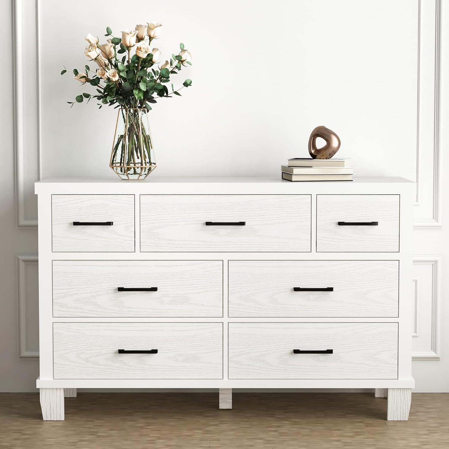 7-Drawer Modern Dresser with Metal Handles, Wooden Chest of Drawers Organizer for Bedroom & Living Room, White Finish
