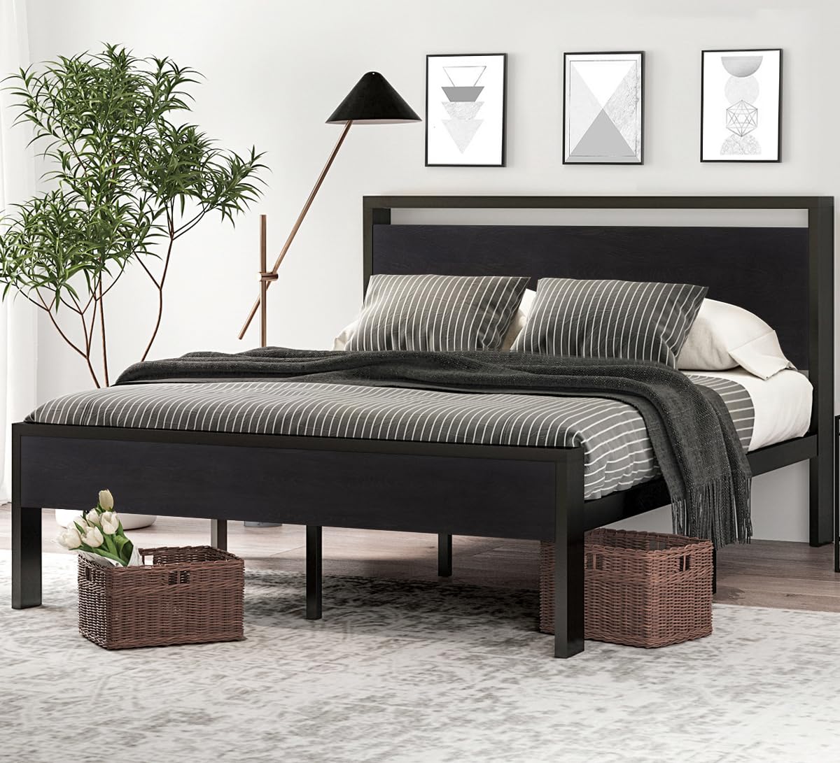 14 Inch Full Size Metal  with Wooden Headboard and Footboard, , , Large Under Bed Storage, Non-Slip Without Noise, Black Oak