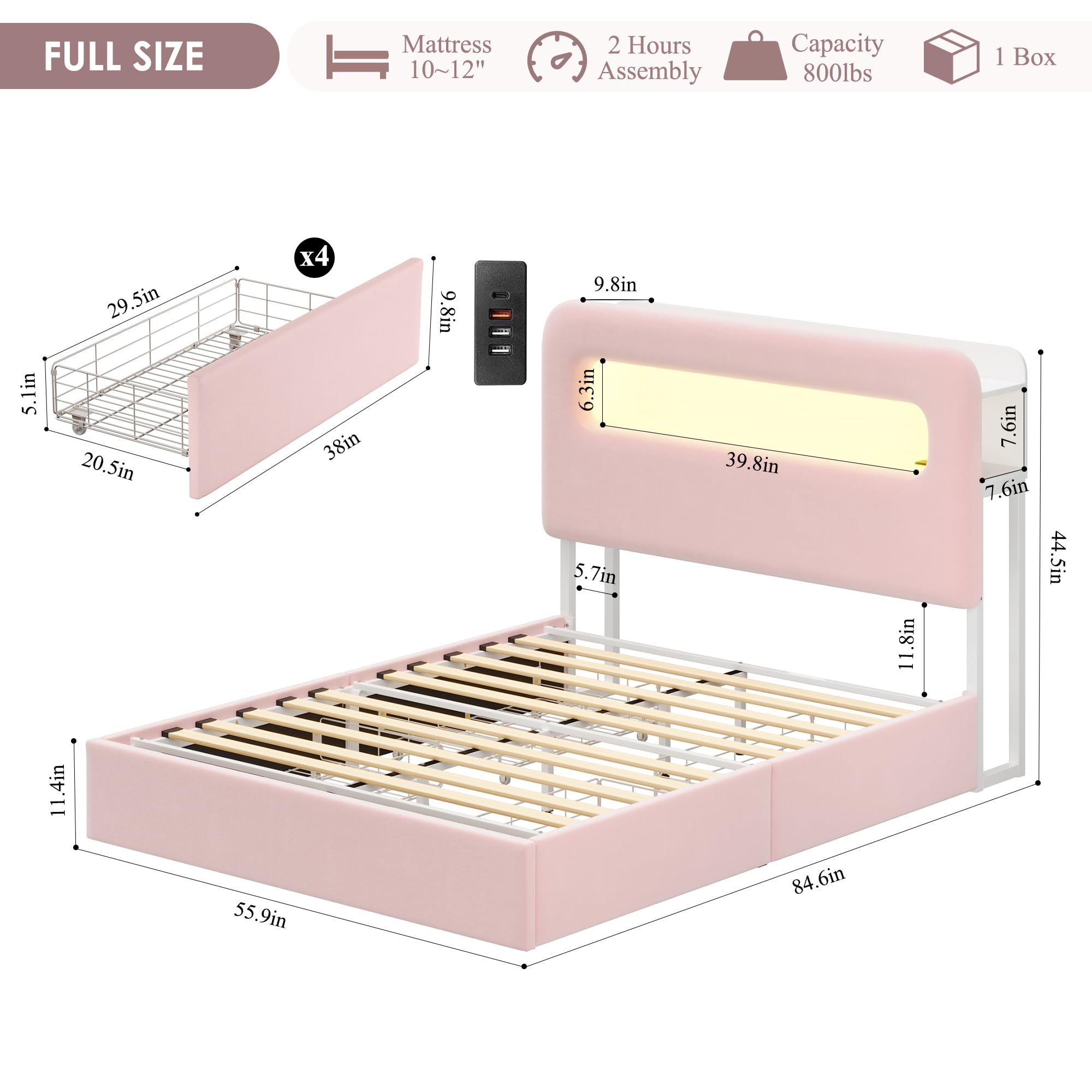 Full Size Velvet Upholstered LED Bed Frame with Storage Headboard, 4 Drawers, USB Charging Ports, No Box Spring Needed – Pink