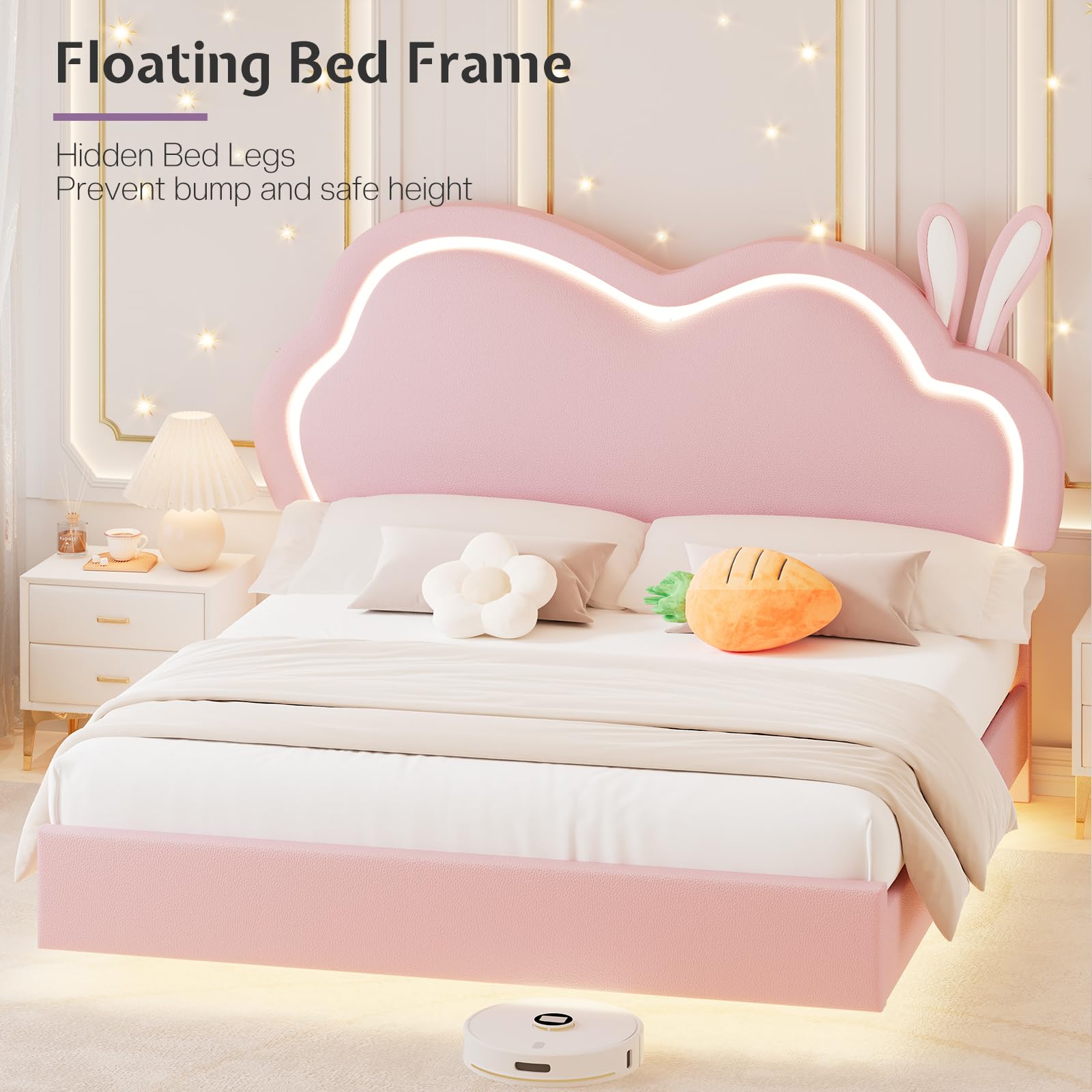LED Full Bed Frame for Girls Upholstered Floating Bed with Cute Cloud Headboard, No Box Spring Needed, Leather, Pink