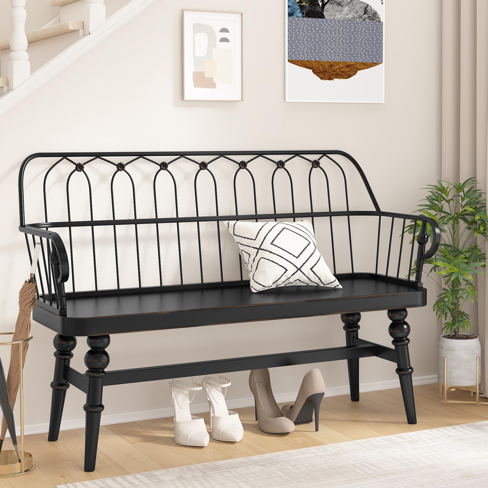 Entryway Bench,Spindle Back Wooden Dinning Bench, Farmhouse Foyer Bench for Entryway, Living Room, Dinning Room, Mudroom
