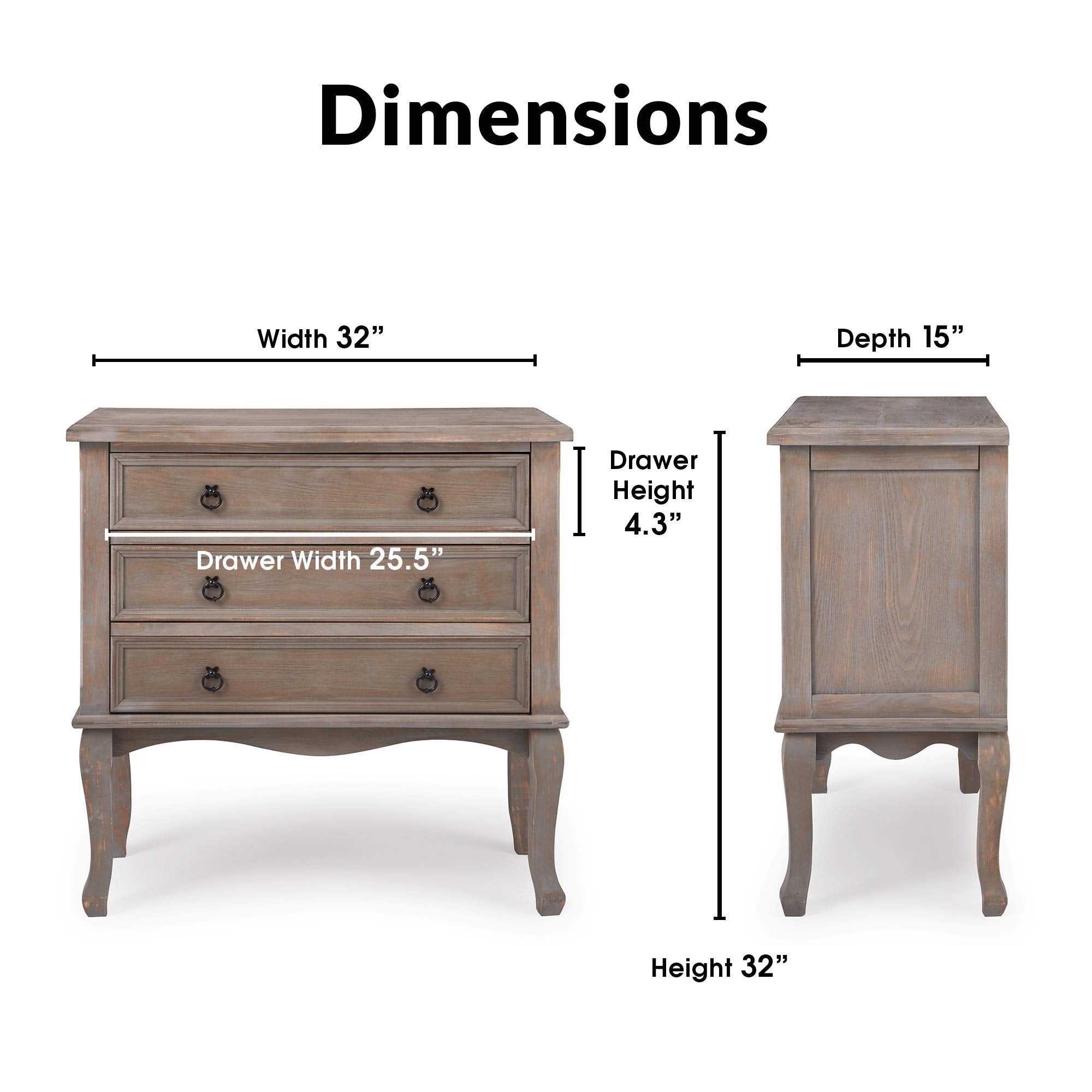 Thomas Antique Country Style Dresser Chest with 3 Drawers, Weathered Wood Nightstand Living Room Accent Furniture, Black Ring Handle, Curved Legs, Grey