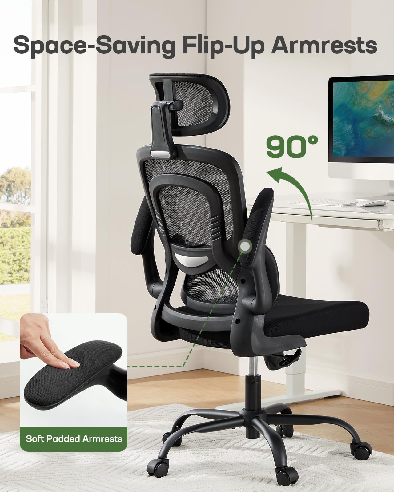 Ergonomic Office Chair with Adjustable Lumbar Support, High Back Desk Chair with 2D Headrest & Flip-Up Armrests Gaming Computer Task Chair Tilt Function Black