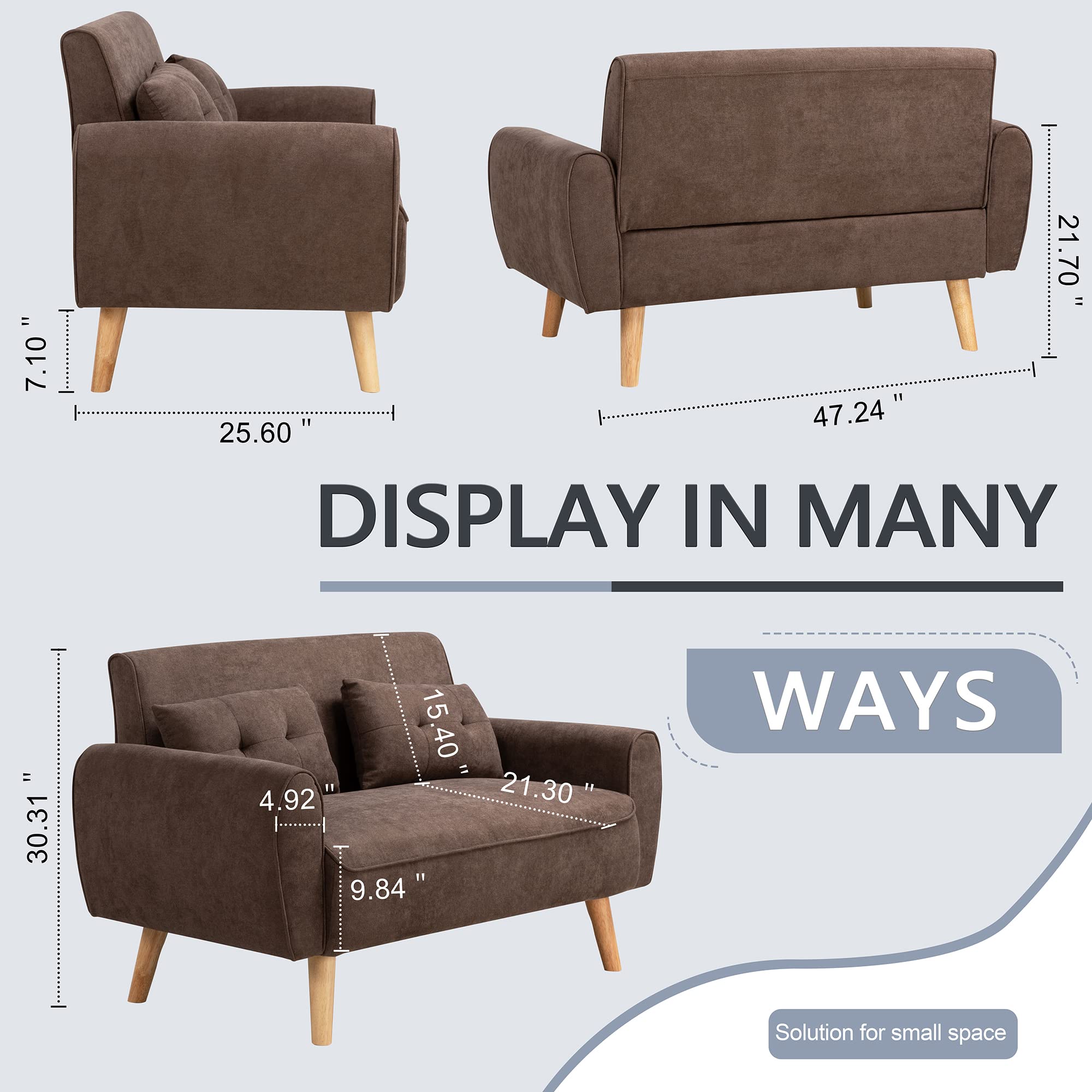 Small Modern Loveseat Sofa, Mid-Century Fabric Upholstered 2-Seat Couch with 2 Pillows for Living Room, Studio, Apartment, Brown