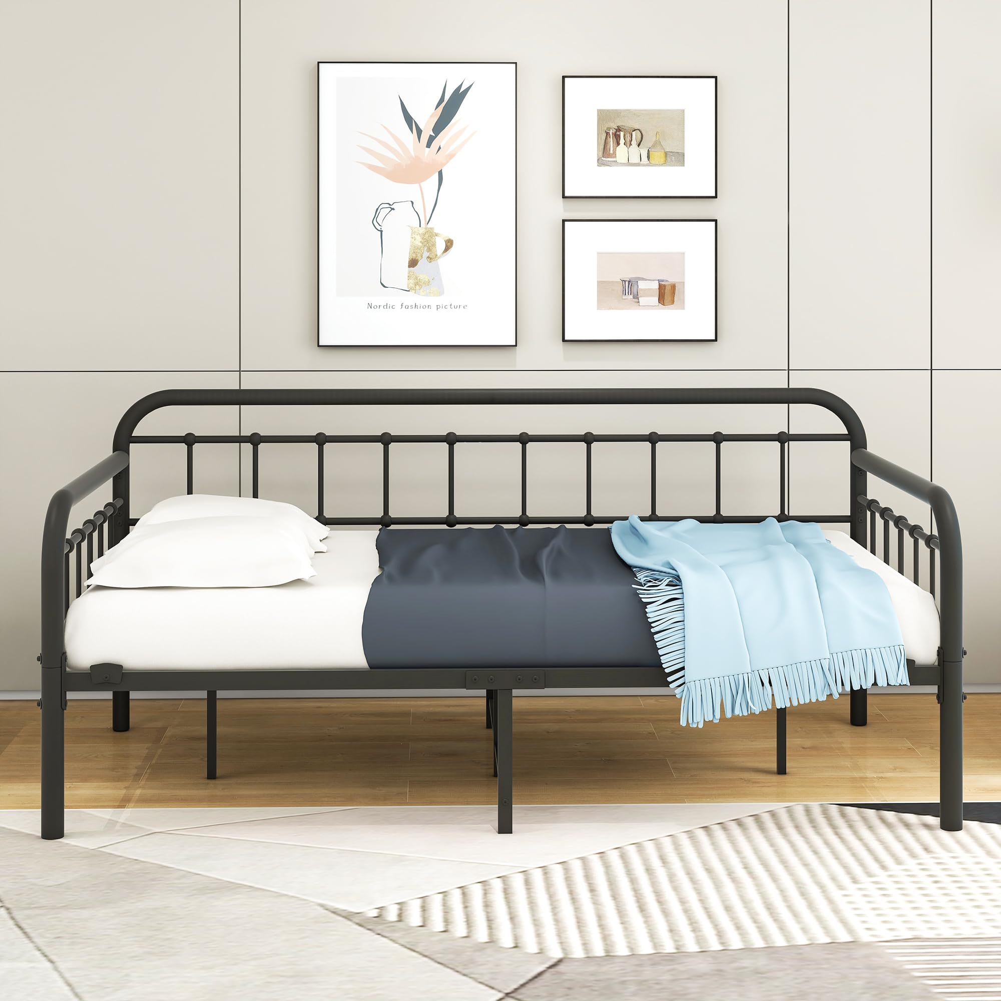 Metal Daybed Frame Heavy Duty Metal Slats Sofa Bed Platform Mattress Foundation Twin Day Bed Black Sanded Color